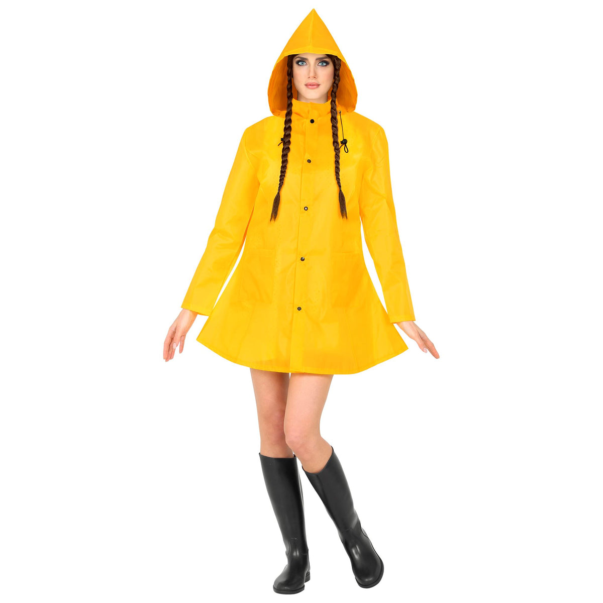 Climate activist Greta Thunberg fancy dress costume in bright yellow raincoat with pointed hood and button closures