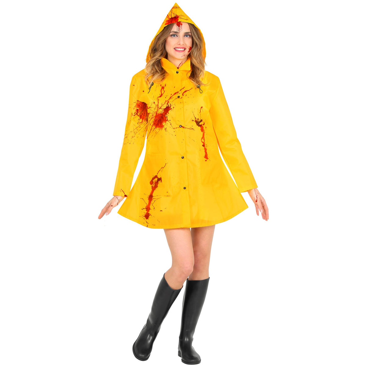 Georgie from IT fancy dress costume showing yellow raincoat with blood details and pointed hood, perfect for Halloween parties