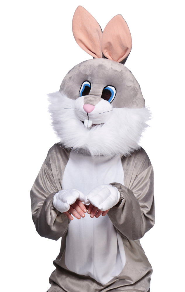 Front view of a high-quality grey bunny mascot head with large ears and a friendly smiling expression.