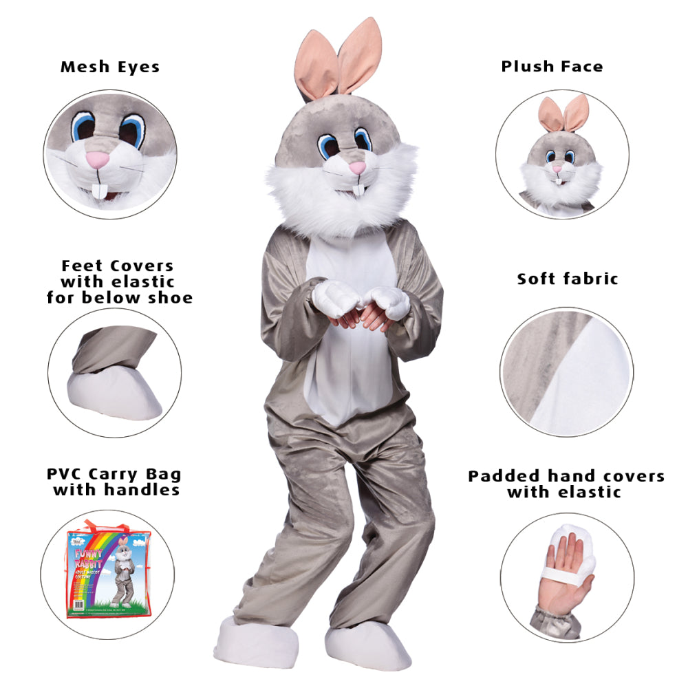 A breakdown of the grey bunny mascot costume features including mesh eyes, plush face, soft fabric, and padded hand/foot covers.