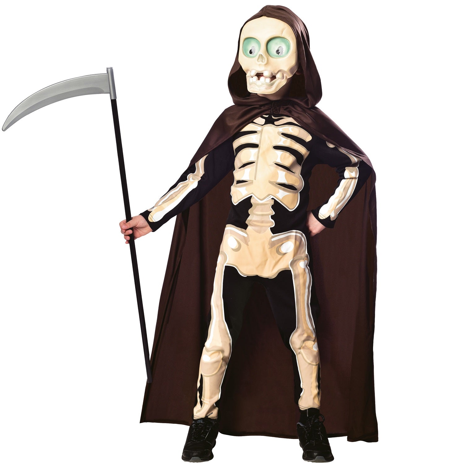 A person in a Grim Reaper costume, consisting of a full-body skeleton-print jumpsuit, a hooded brown robe, and a large skeleton mask with big round eyes and a wide grin, holding a toy scythe, posing on a white background.