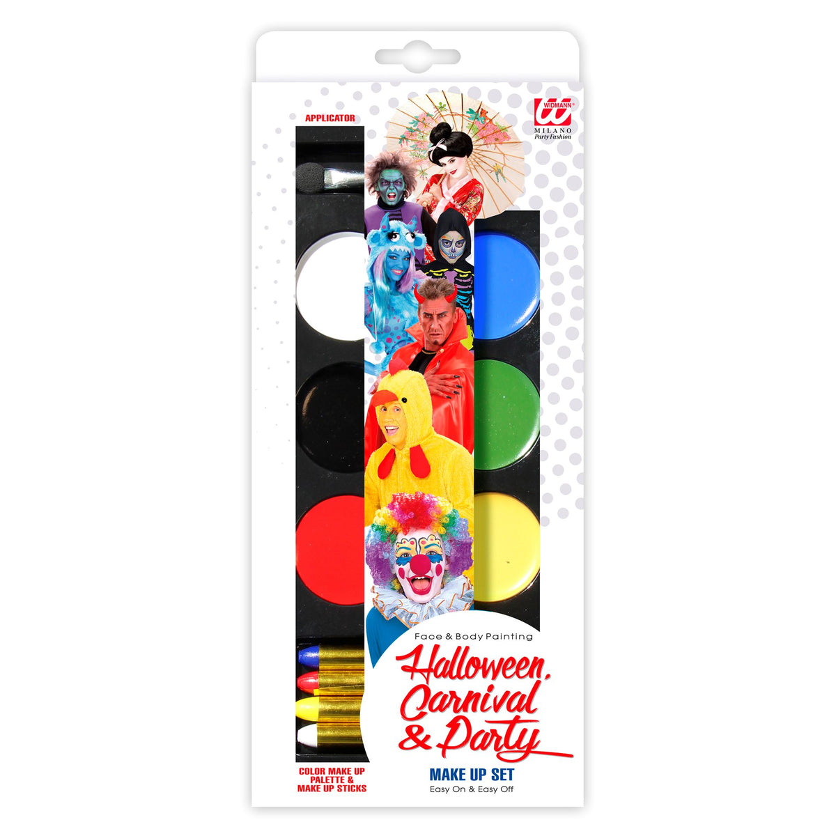 Makeup set packaging for Halloween, Carnival & Party with colorful designs on a white background.