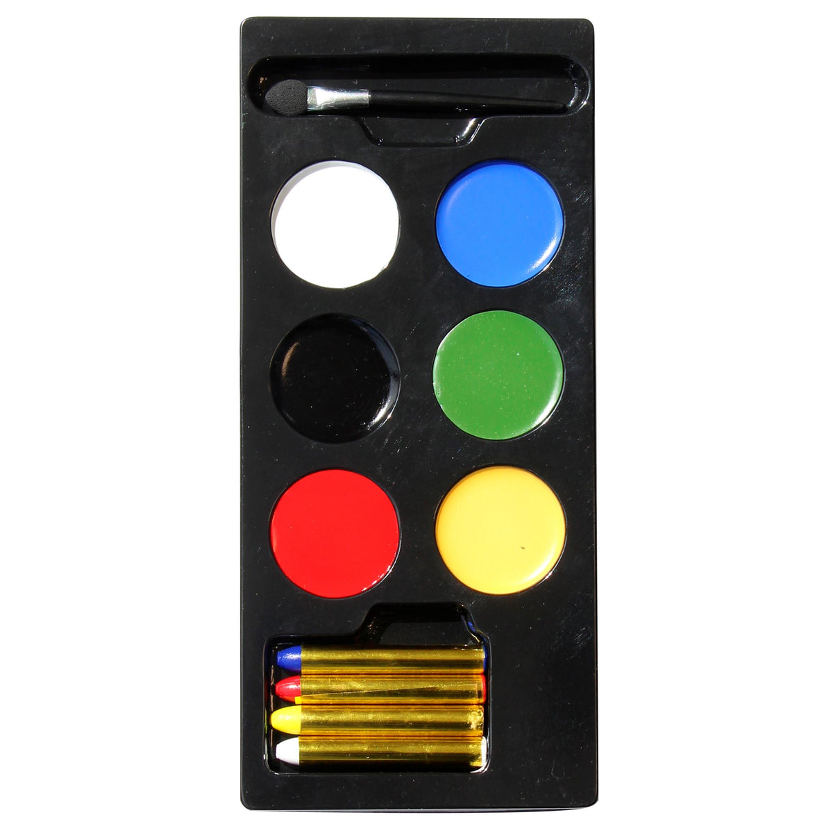 Set of face and body paints with a brush in a black case on a white background