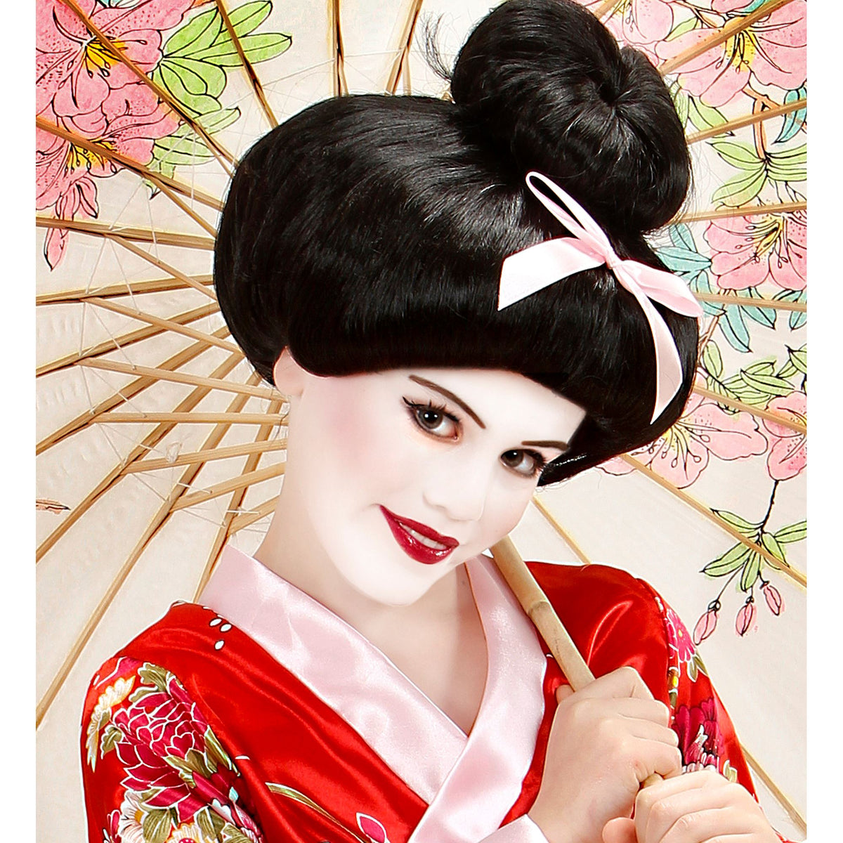 Woman in traditional Japanese kimono with black hair and a pink ribbon, holding a floral umbrella.