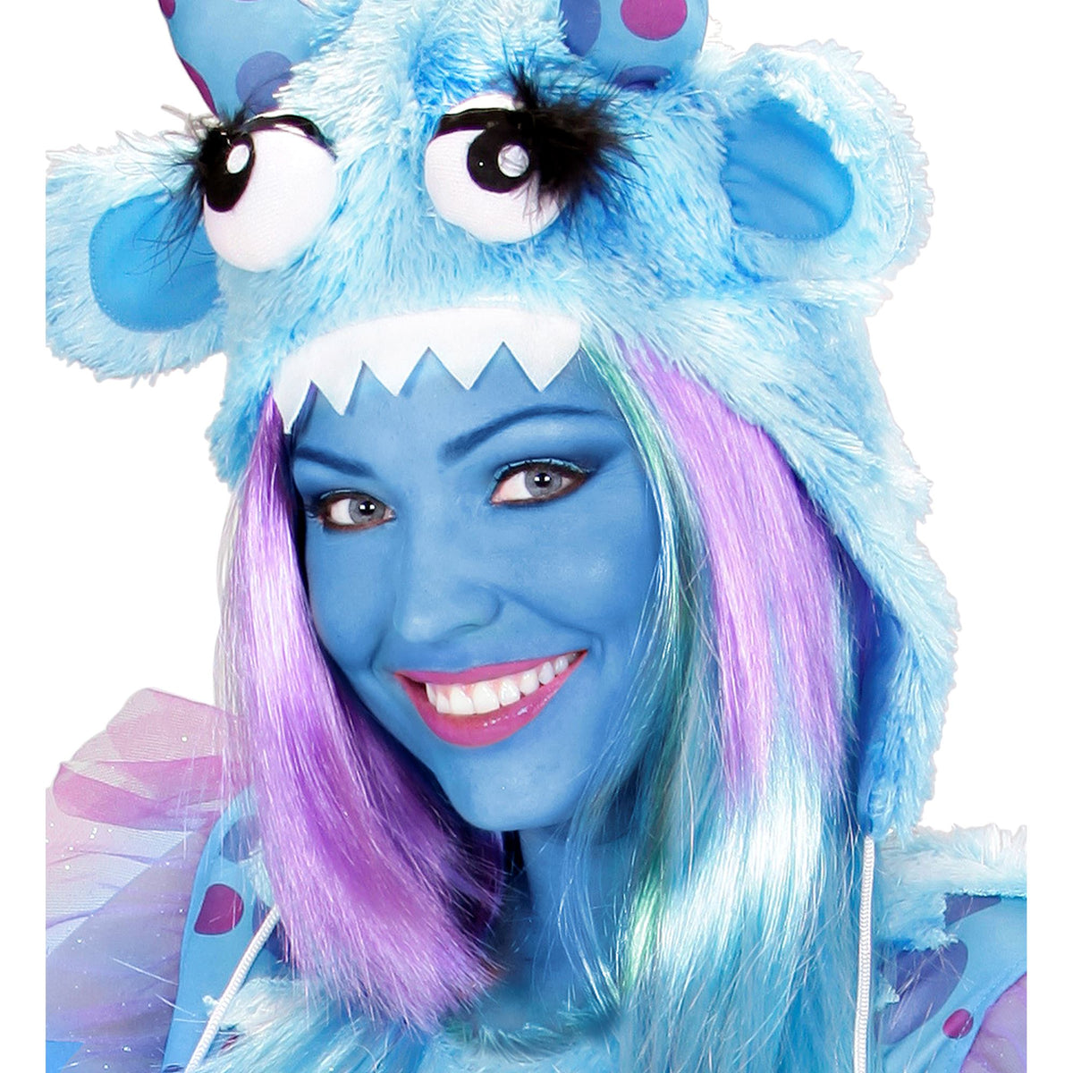 Person with blue makeup and costume, including a blue hood with ears and purple hair.