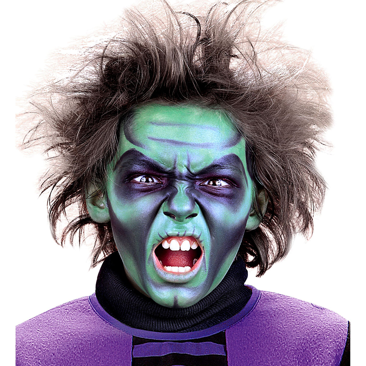 A person wearing a zombie or monster costume makeup look with bright green face paint, dark purple eye makeup, and messy dark hair, shown against a plain white background.