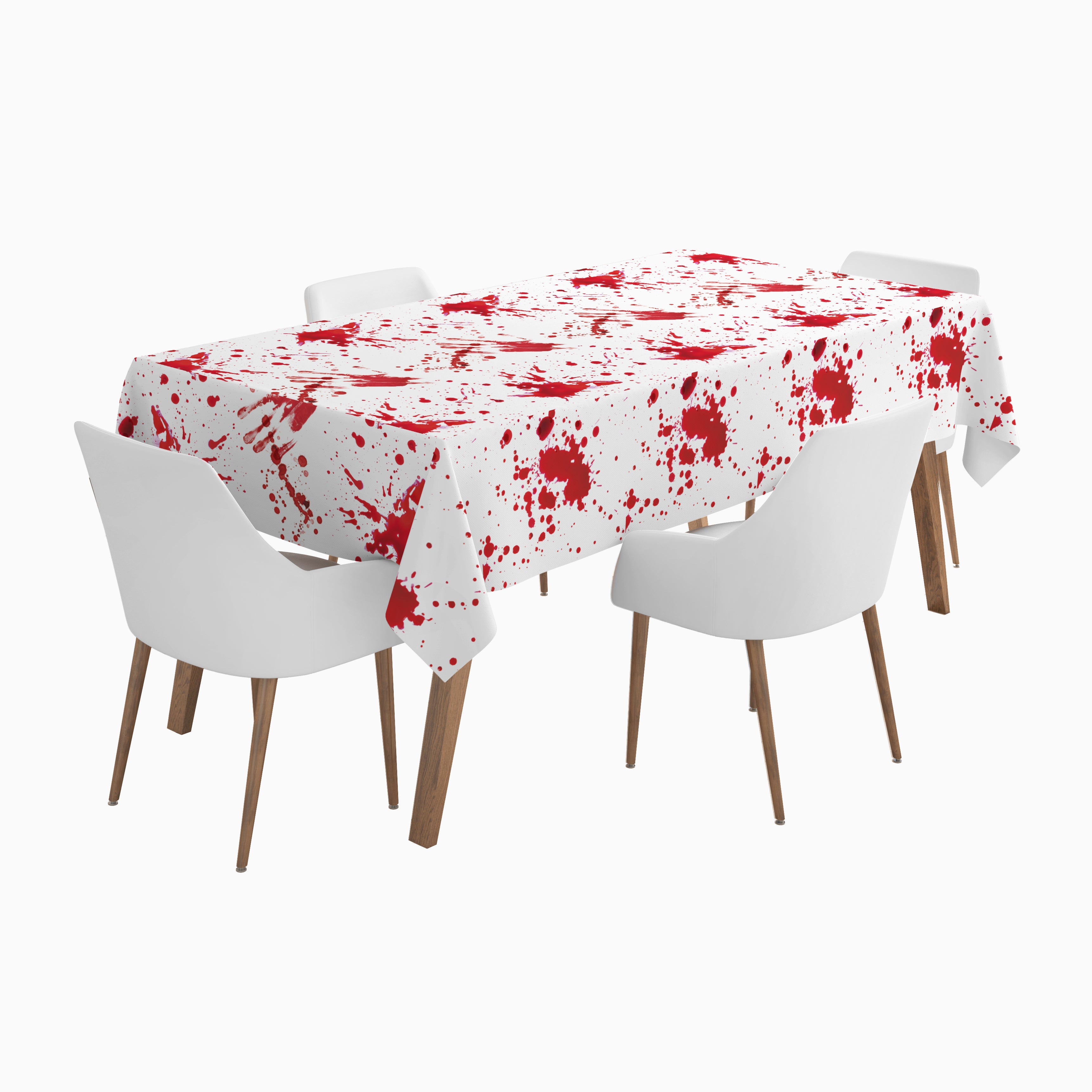 A rectangular dining table covered with a white tablecloth printed with a red blood splatter pattern, surrounded by four white chairs with wooden legs on a light gray background.