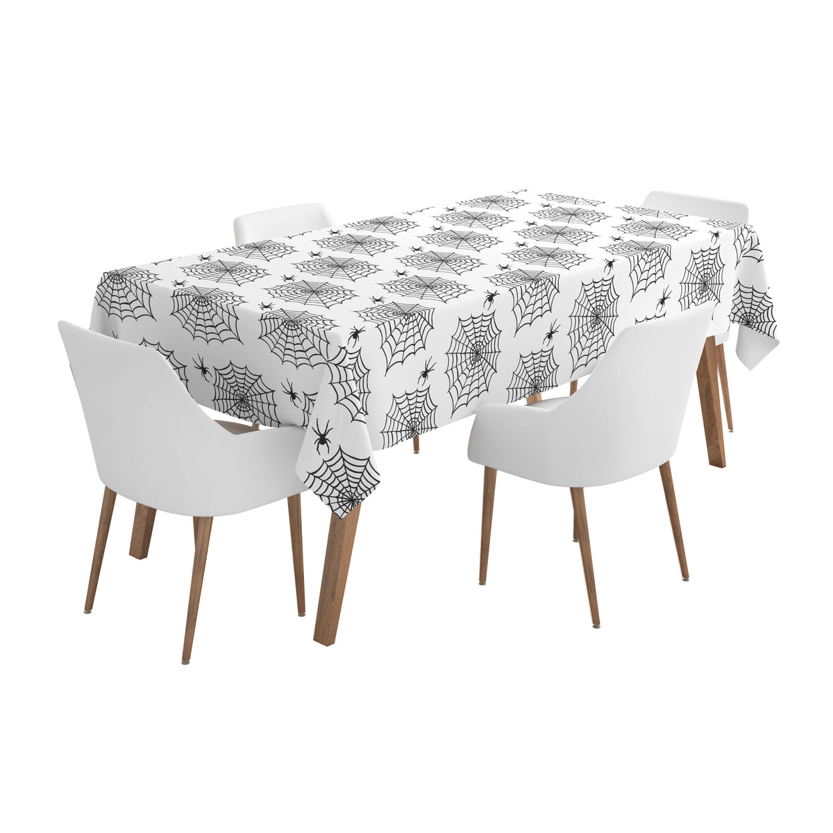 A rectangular dining table covered with a white tablecloth printed with a repeating black spiderweb and spider pattern, surrounded by four white chairs with wooden legs on a clean white background.