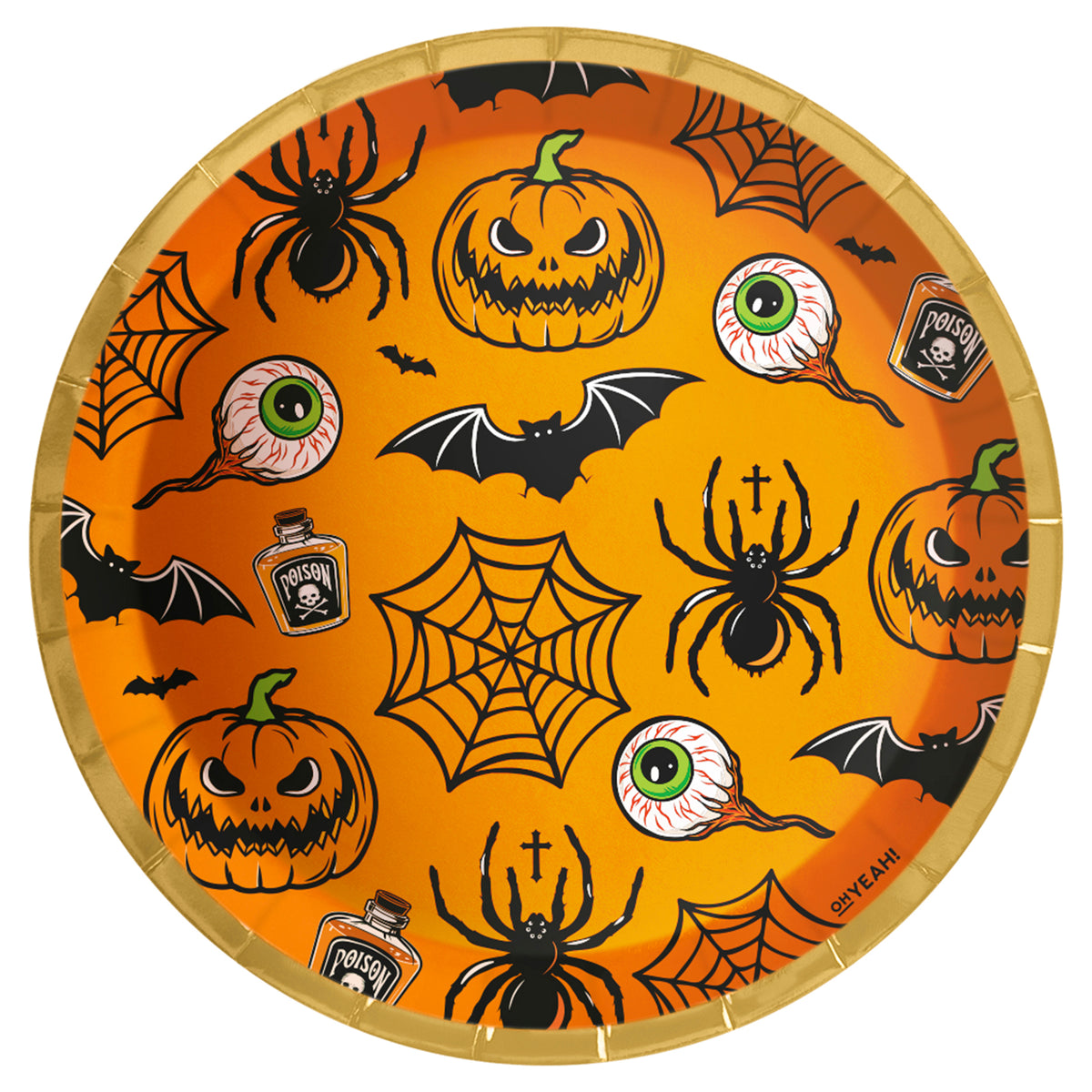 A round Halloween-themed paper plate with a bright orange background, featuring black spiders, pumpkins, bats, spiderwebs, eyeballs, and small poison bottle illustrations. The plate has a gold-colored rim and the brand name 'SO TEACH!' printed near the bottom right.