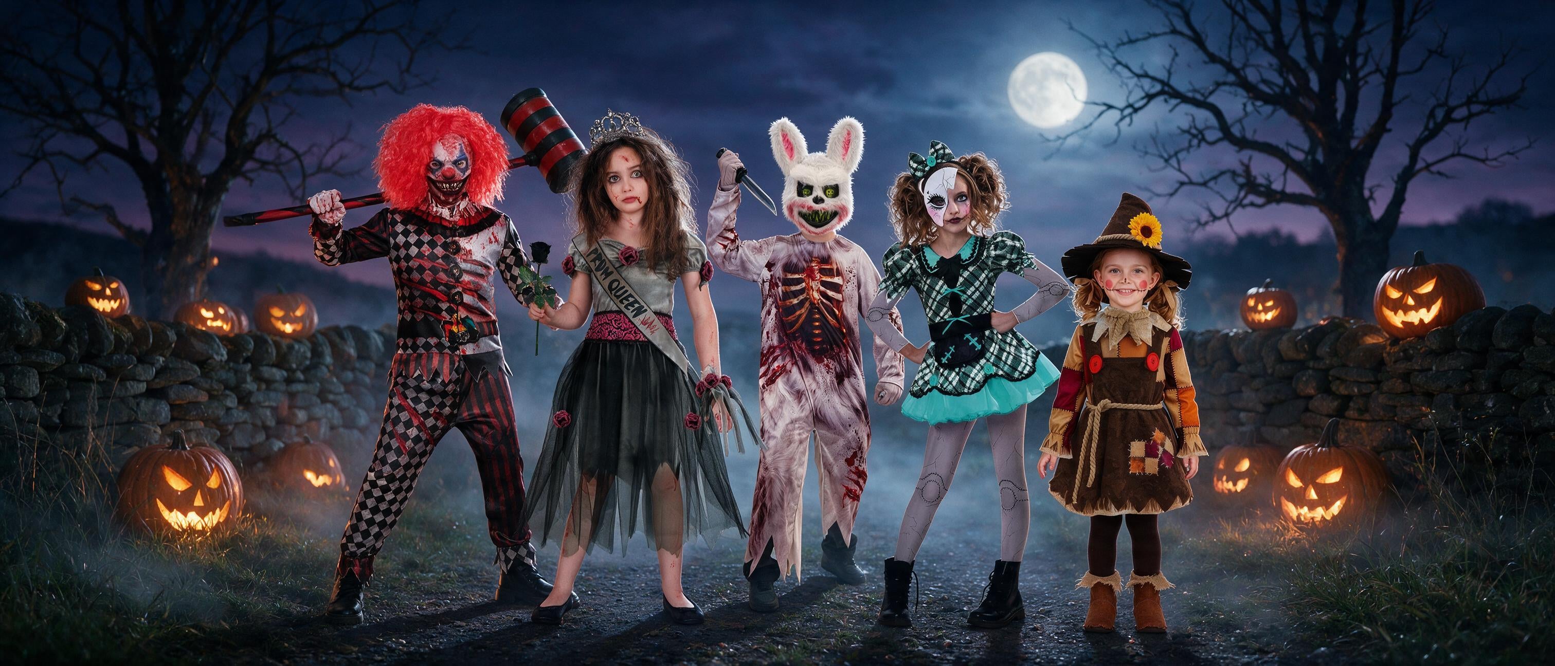 Five children wearing Halloween costumes pose together in a spooky outdoor setting at night with a full moon, bare trees, and glowing jack-o'-lanterns. The costumes include a red clown outfit, a dark gothic dress, a bunny costume, a green and black monster outfit, and a witch girl costume.