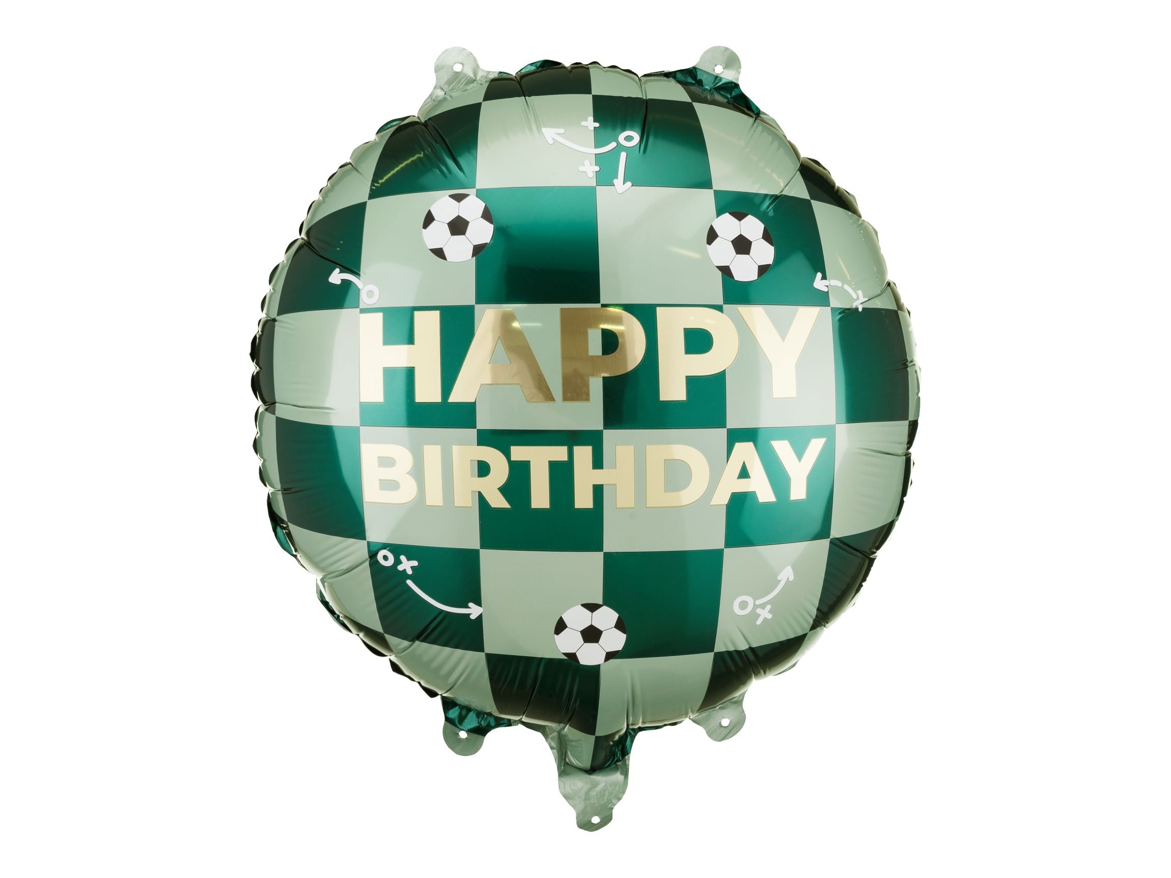 A round foil "Happy Birthday" balloon featuring a green and light green checkered pattern with white and black soccer balls and tactical play diagrams, isolated on a white background.