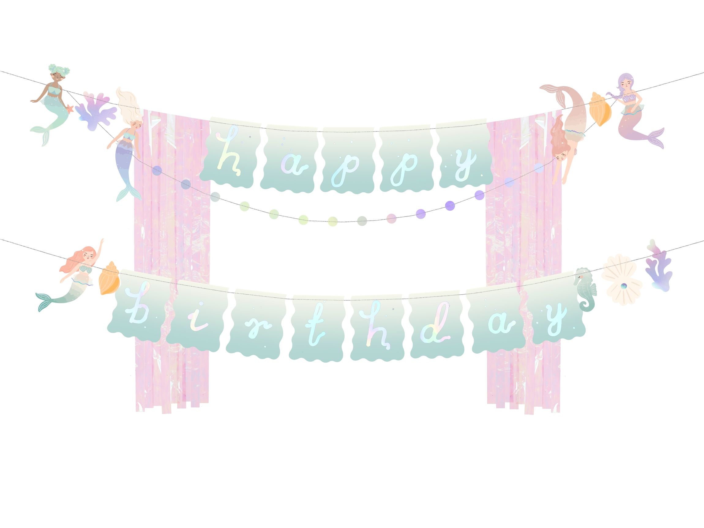A whimsical "Happy Birthday" banner with letters in pastel colors, featuring illustrations of mermaids, coral, and seahorses, and hanging iridescent streamer accents. The banner is shown on a white background.