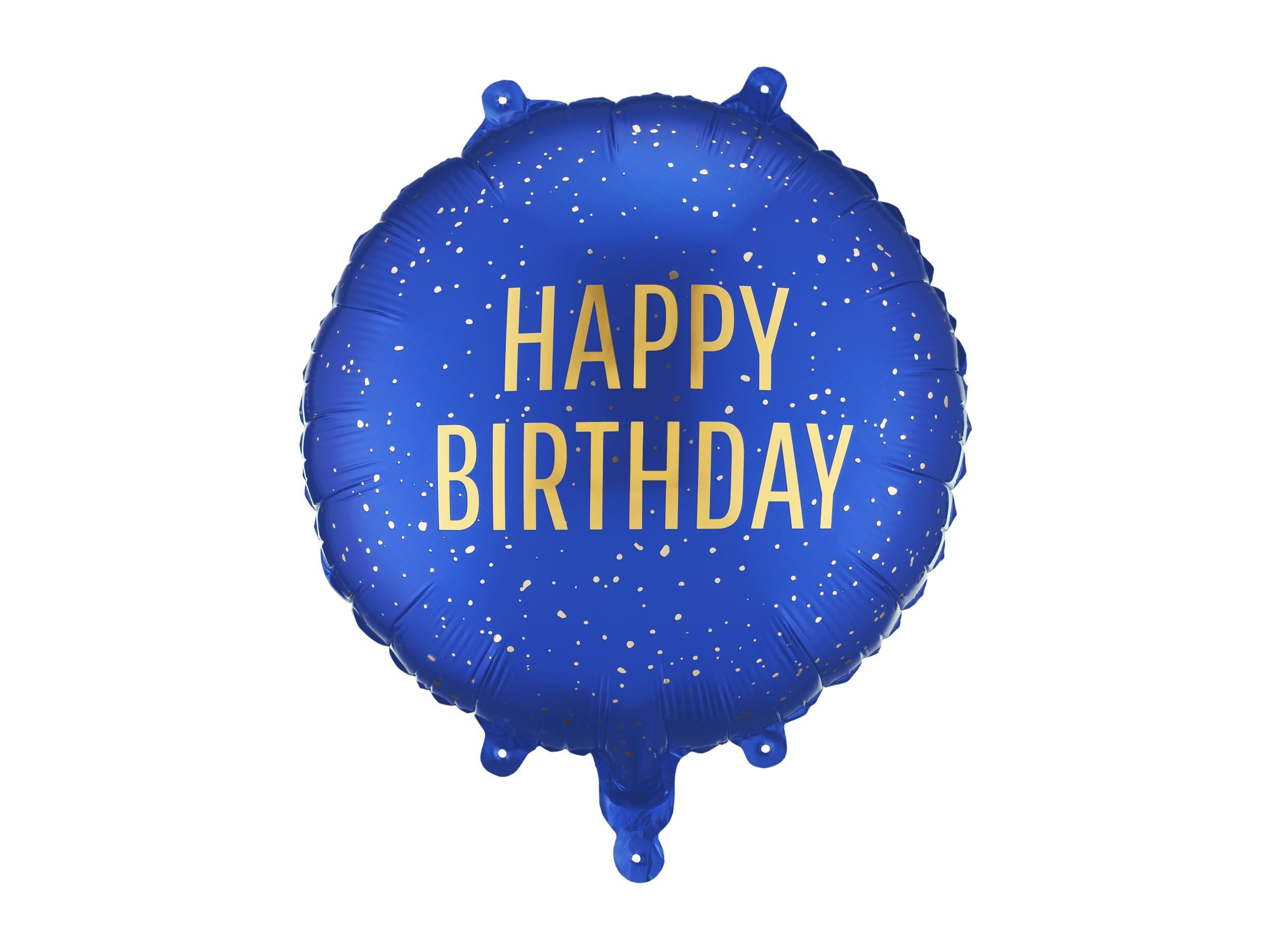 Round navy blue foil balloon with golden particles and "Happy Birthday" inscription on a white background.