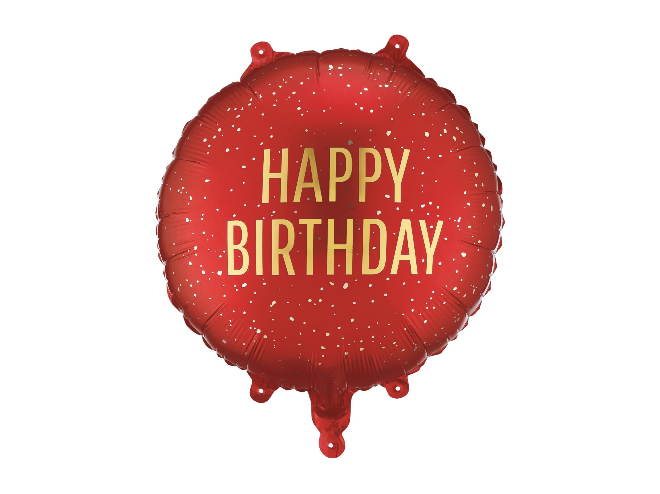 Round dark red foil balloon with golden particles and "Happy Birthday" inscription on a white background.