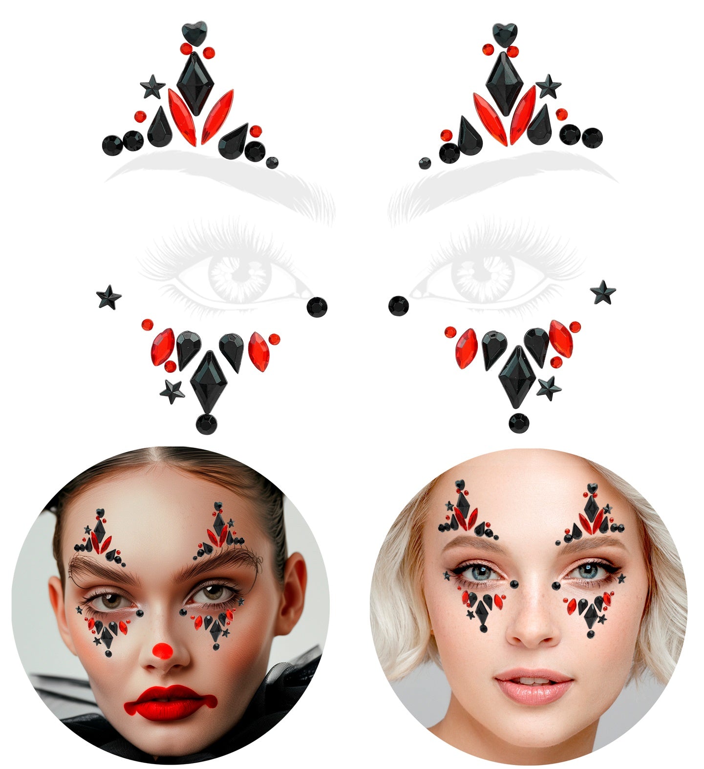 The full layout of the self-adhesive Harley face jewel kit showing the symmetrical red and black diamond designs.