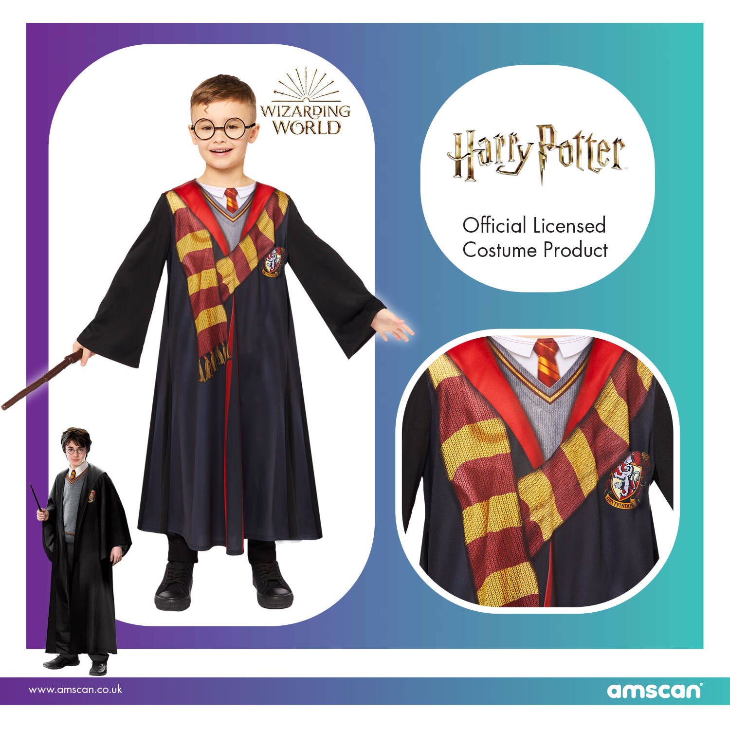 A graphic banner showing the official licensed Harry Potter costume product with a detailed look at the printed house sweater, scarf, and Gryffindor lion crest.