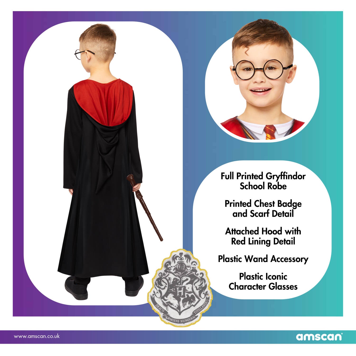 The back view of a children's black wizard costume robe showing the attached red-lined hood, displayed next to a close-up of the round glasses and plastic character wand.