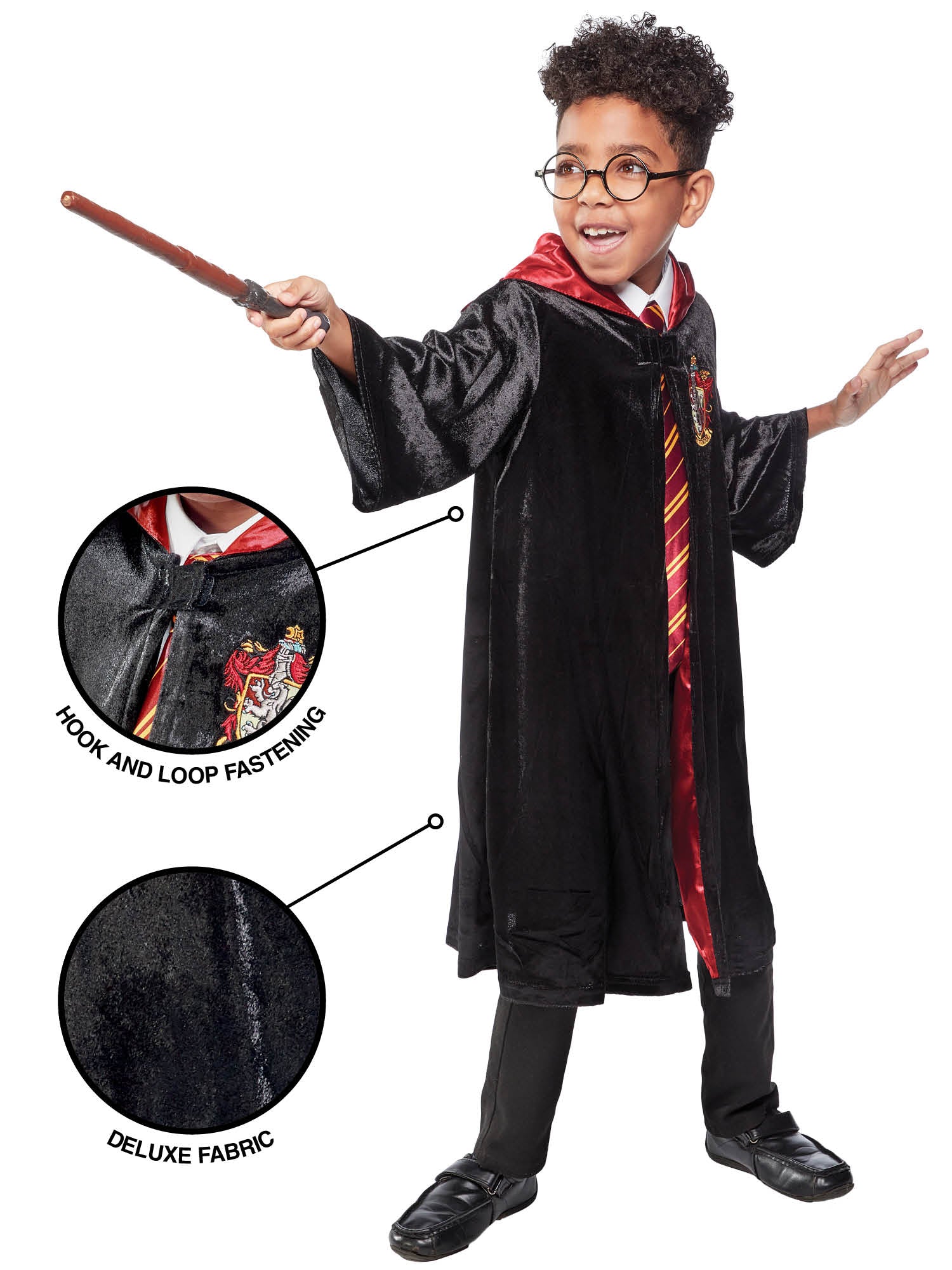Close-up of the embroidered Gryffindor House emblem and satin-lined hood on the Harry Potter child's robe.
