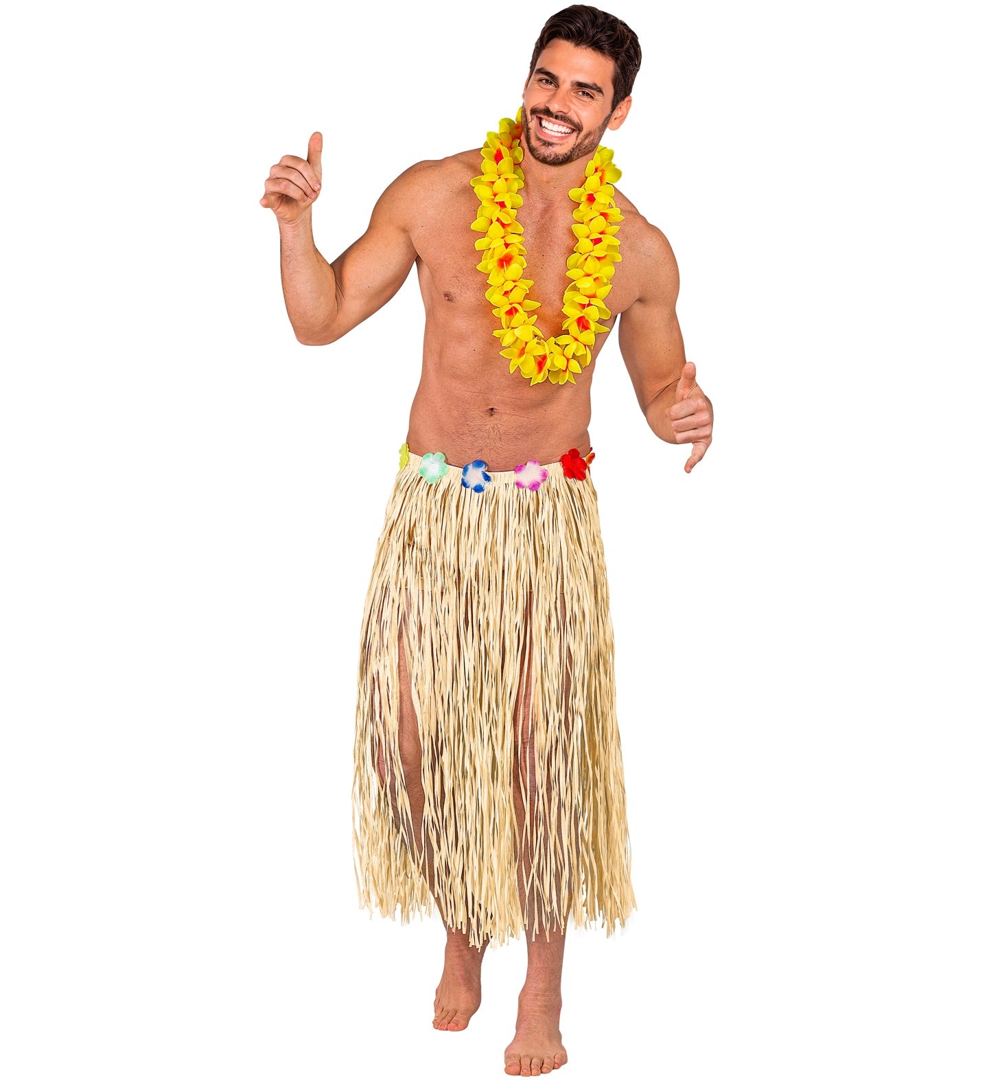 A smiling man wearing a long, natural-colored Hawaiian hula skirt with a colorful flower waist and a yellow lei around his neck, giving a thumbs-up gesture, against a white background.