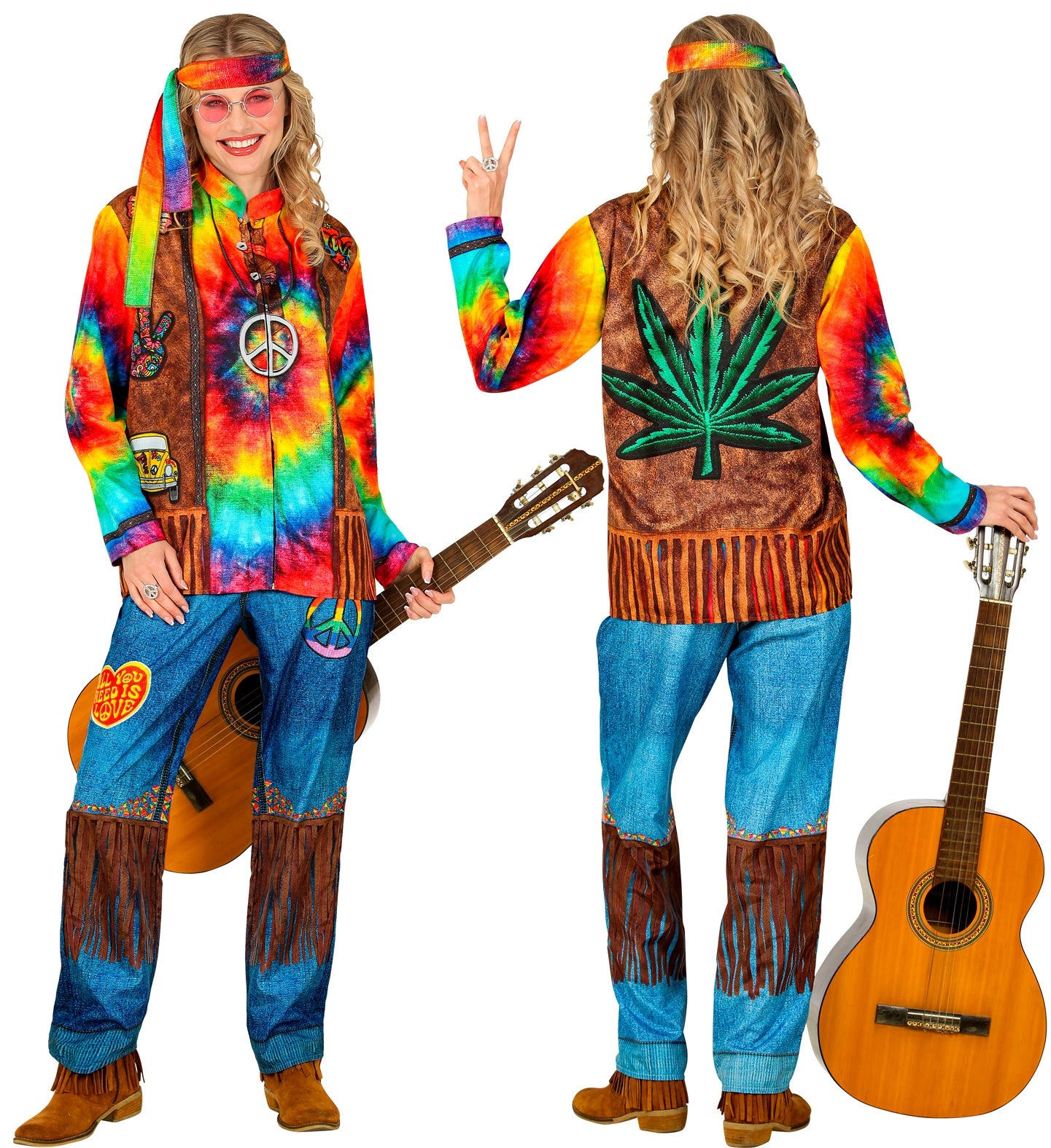 Front view and back view of a woman wearing hippie costume highlighting the realistic denim-print pants and tie-dye jacket.