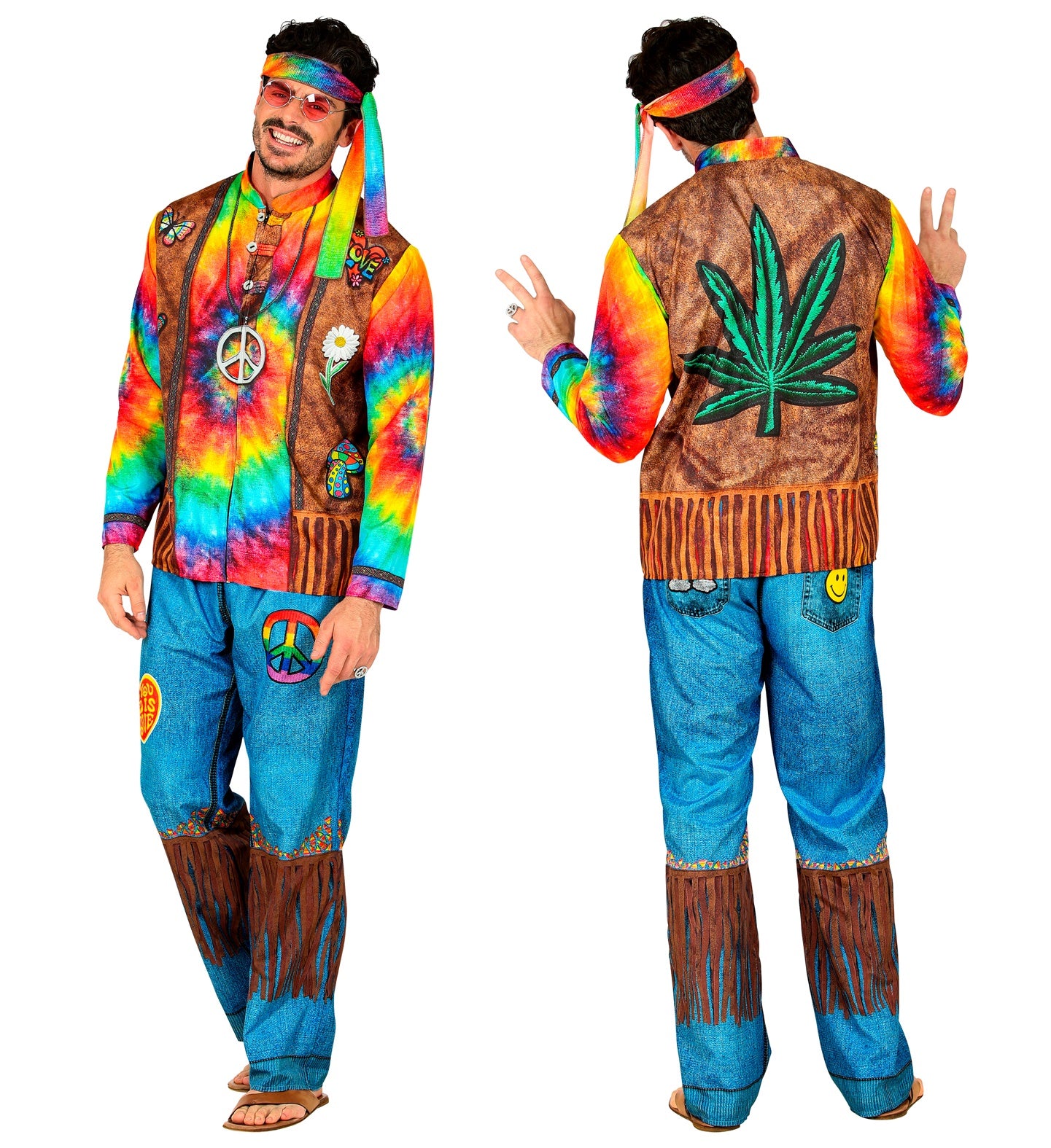 Front and back view of a man wearing the hippie costume jacket showing a large green leaf print and fringe detailing.