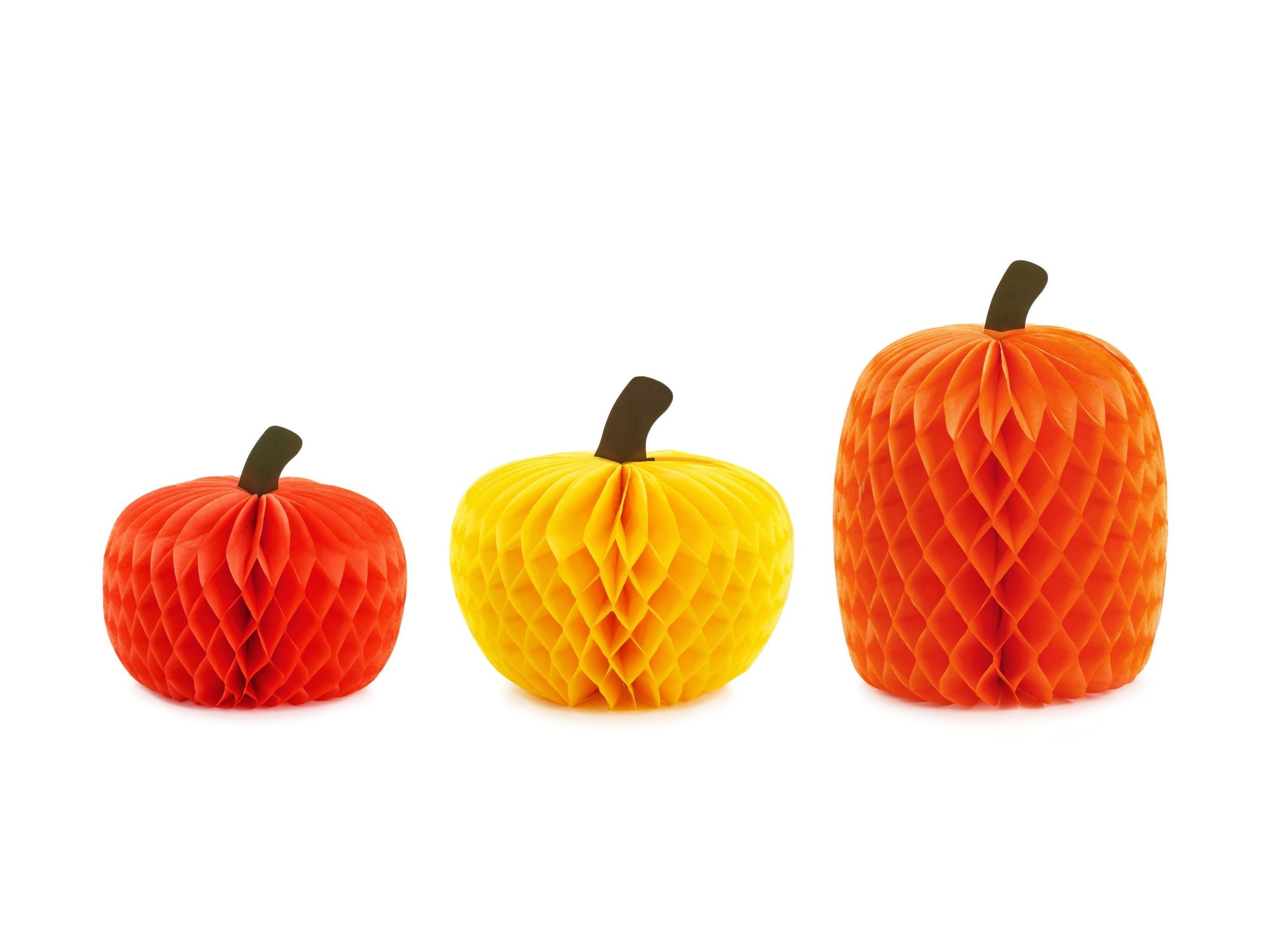 Three orange, yellow, and red honeycomb paper pumpkins of varying heights, displayed upright on a white background.