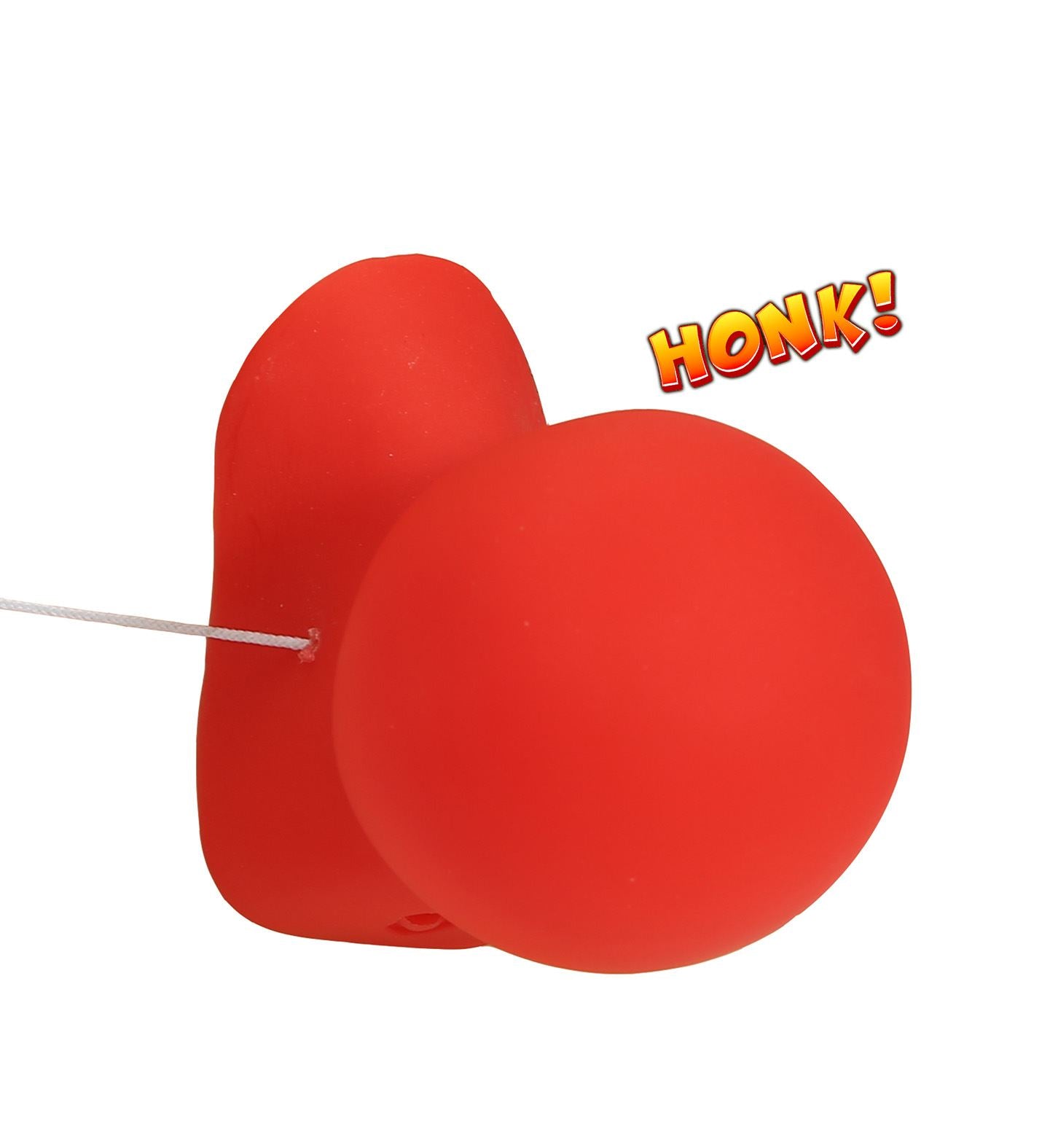 A bright red, round fancy dress clown nose accessory featuring a white elastic string for wearing, with a cartoon 'HONK!' graphic floating beside it.