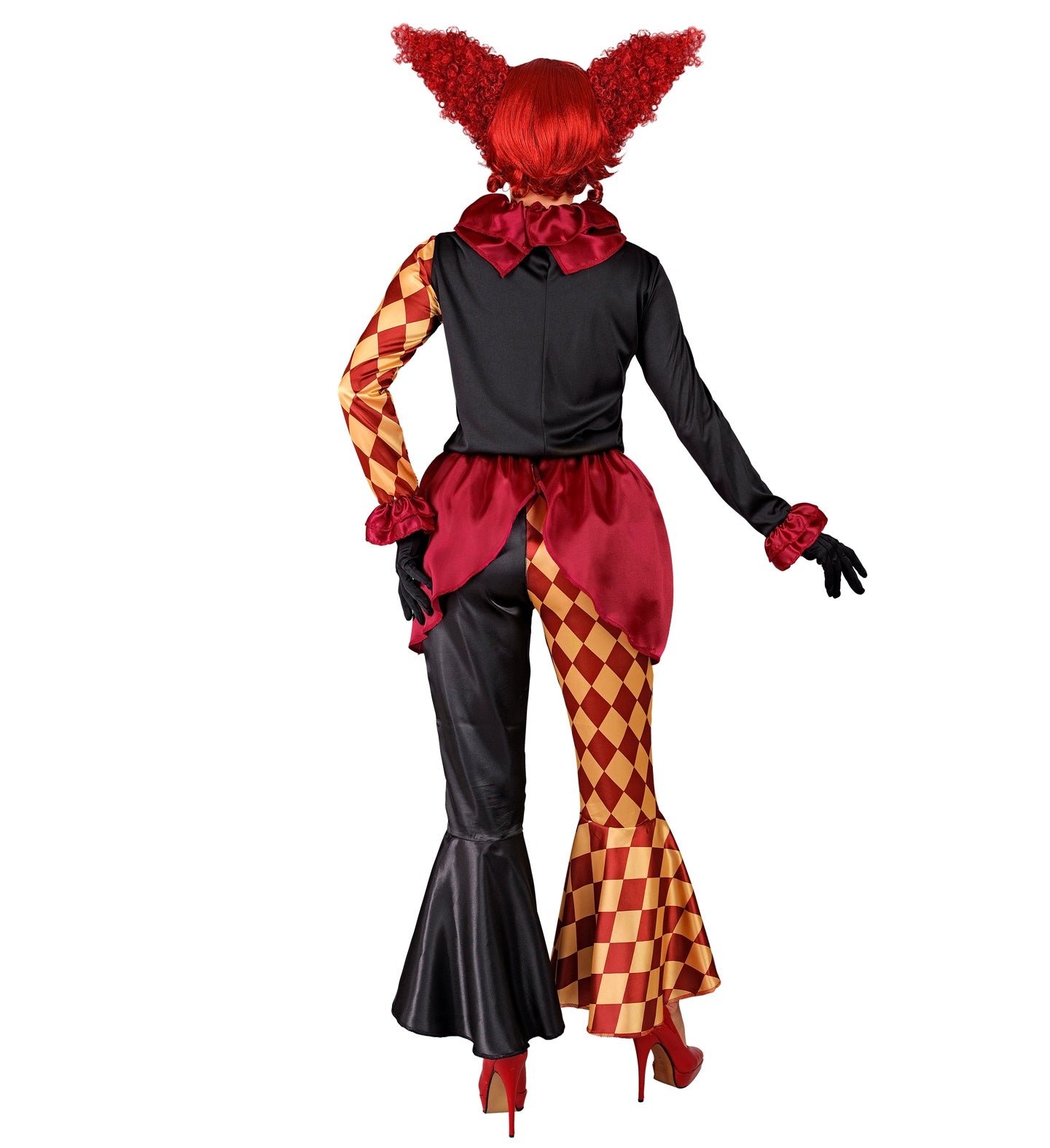A back view of a lady in a colorful but creepy clown costume. The costume includes a ruffled neck collar, a coat with a black bodice, a short black skirt, and a pair of mismatched pants with one leg in a harlequin pattern and the other in black, flared at the bottom. The person is wearing a wild, curly red wig.