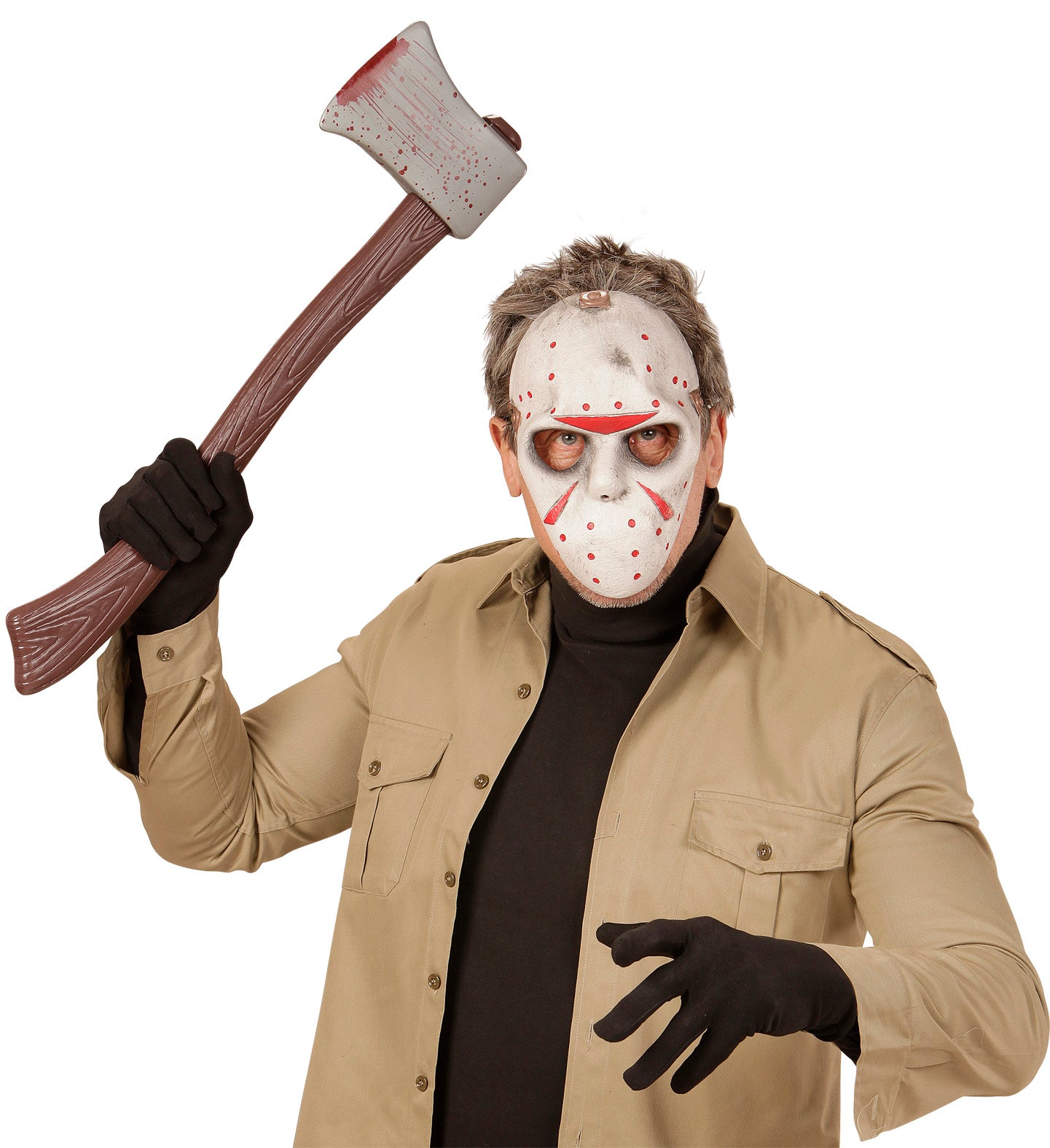 A person in a slasher villain costume, wearing the horror hockey mask and raising a bloody prop axe.