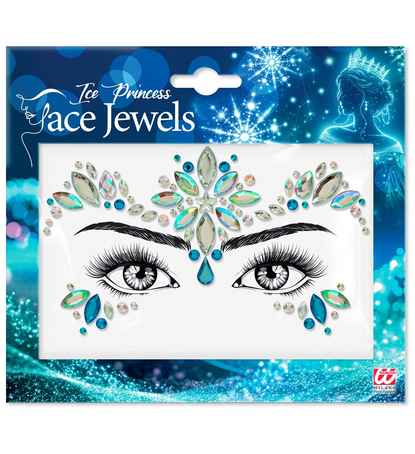 Packaging of Ice Princess face jewels with decorative design on a blue background