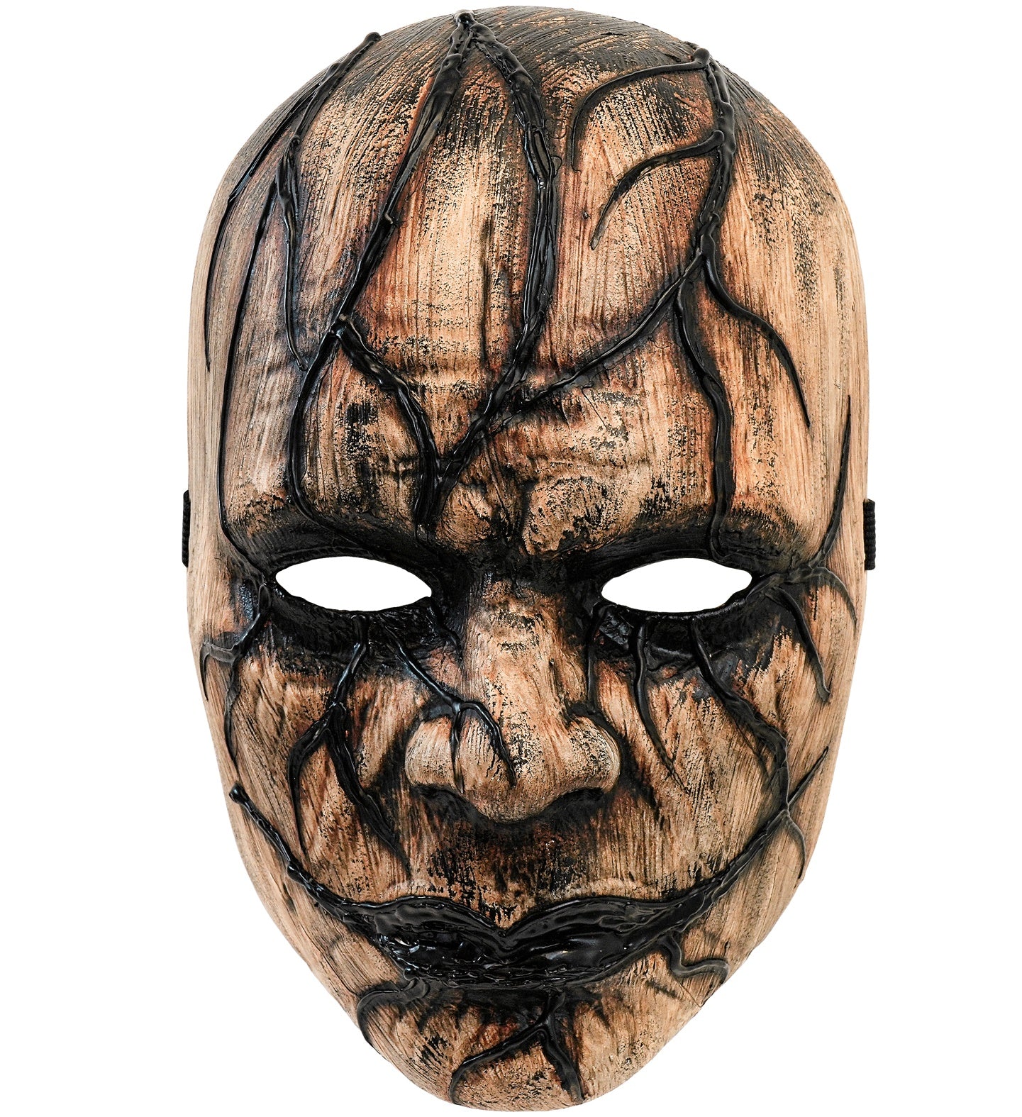 A straight-on view of a sturdy hard plastic infected mask, showcasing a textured beige and brown base with raised, glossy black vein details and cut-out eye holes.