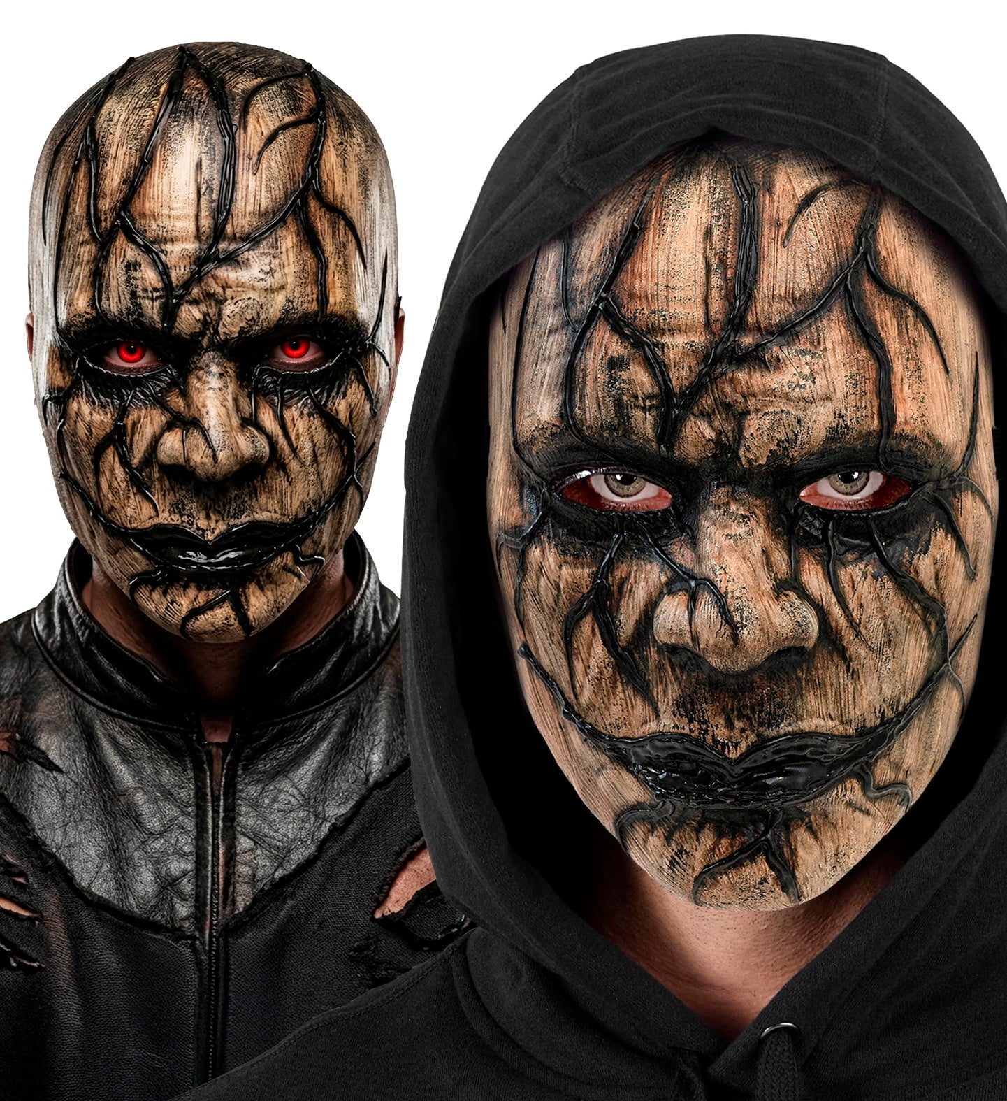 A side-by-side view of a terrifying infected fancy dress horror mask with a textured base and glossy black veins, showing one model in a distressed leather jacket and another in a black hoodie.