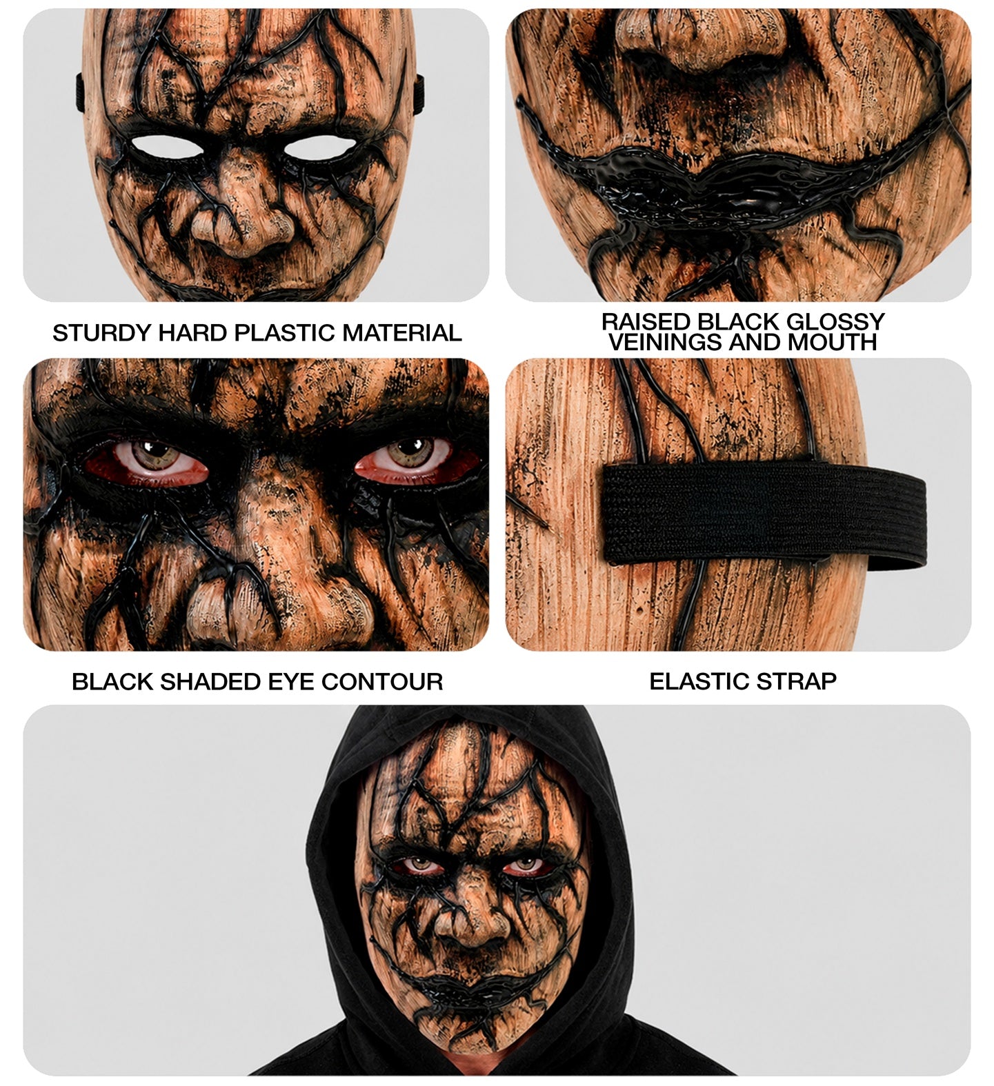 A multi-panel collage highlighting the features of an infected horror mask, showing close-ups of the sturdy hard plastic material, raised glossy black mouth and veins, black shaded eye contours, and the thick elastic strap on the back.