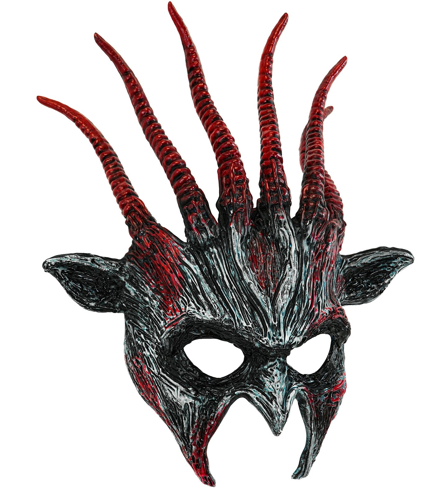 A straight-on view of an Infernal Beast fancy dress half-mask made of hard plastic, featuring a textured dark grey and black finish, red blood-like staining, pointed side ears, and six long ribbed red horns pointing upwards.