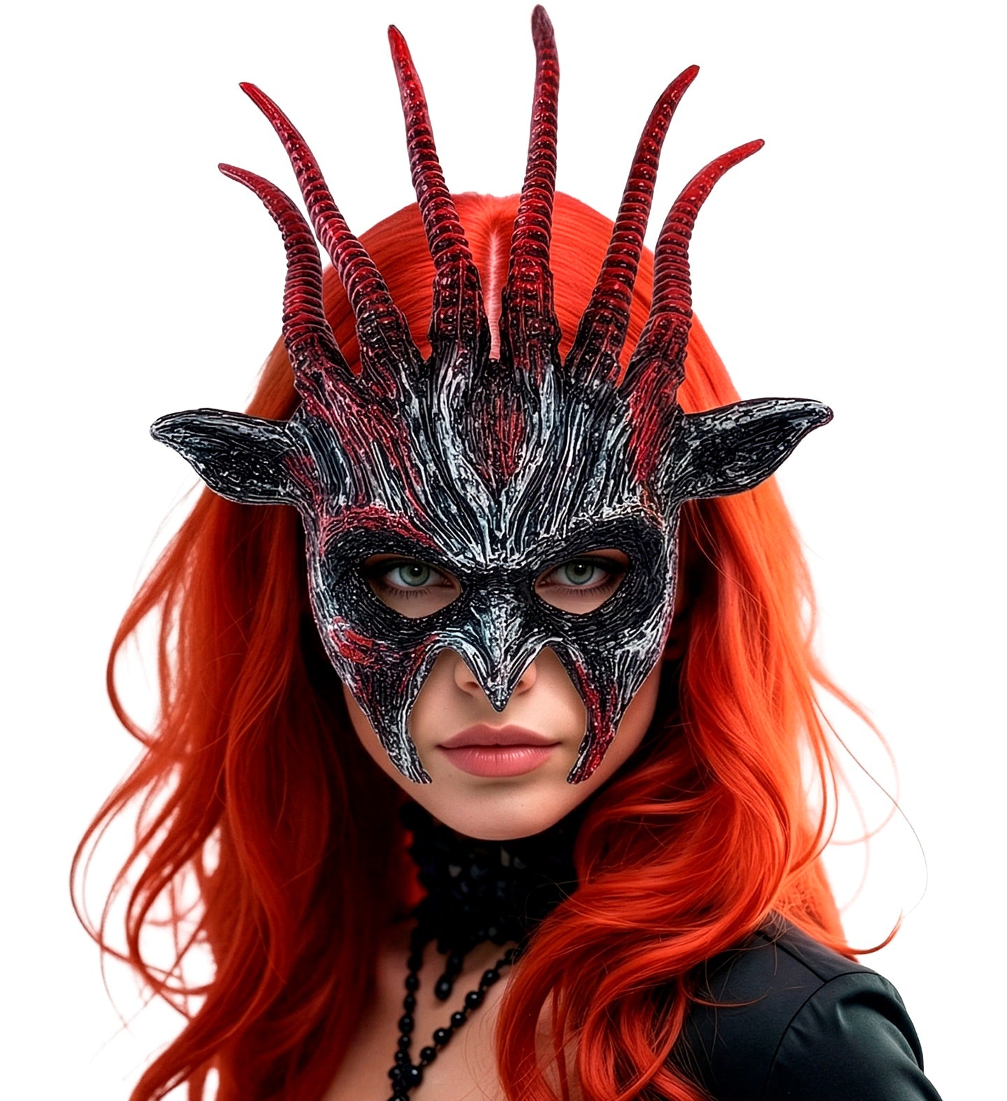 A close-up portrait of a female model with long, vibrant red hair wearing a dark, textured demonic half-mask featuring tall red ribbed horns and pointed beast ears.