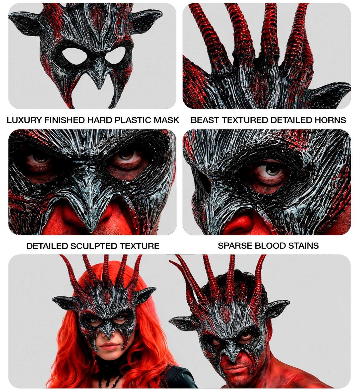 A multi-panel collage highlighting the details of the Infernal Beast mask, showcasing the luxury finished hard plastic, beast-textured detailed horns, detailed sculpted texture around the eyes, and sparse blood-stain paint effects.