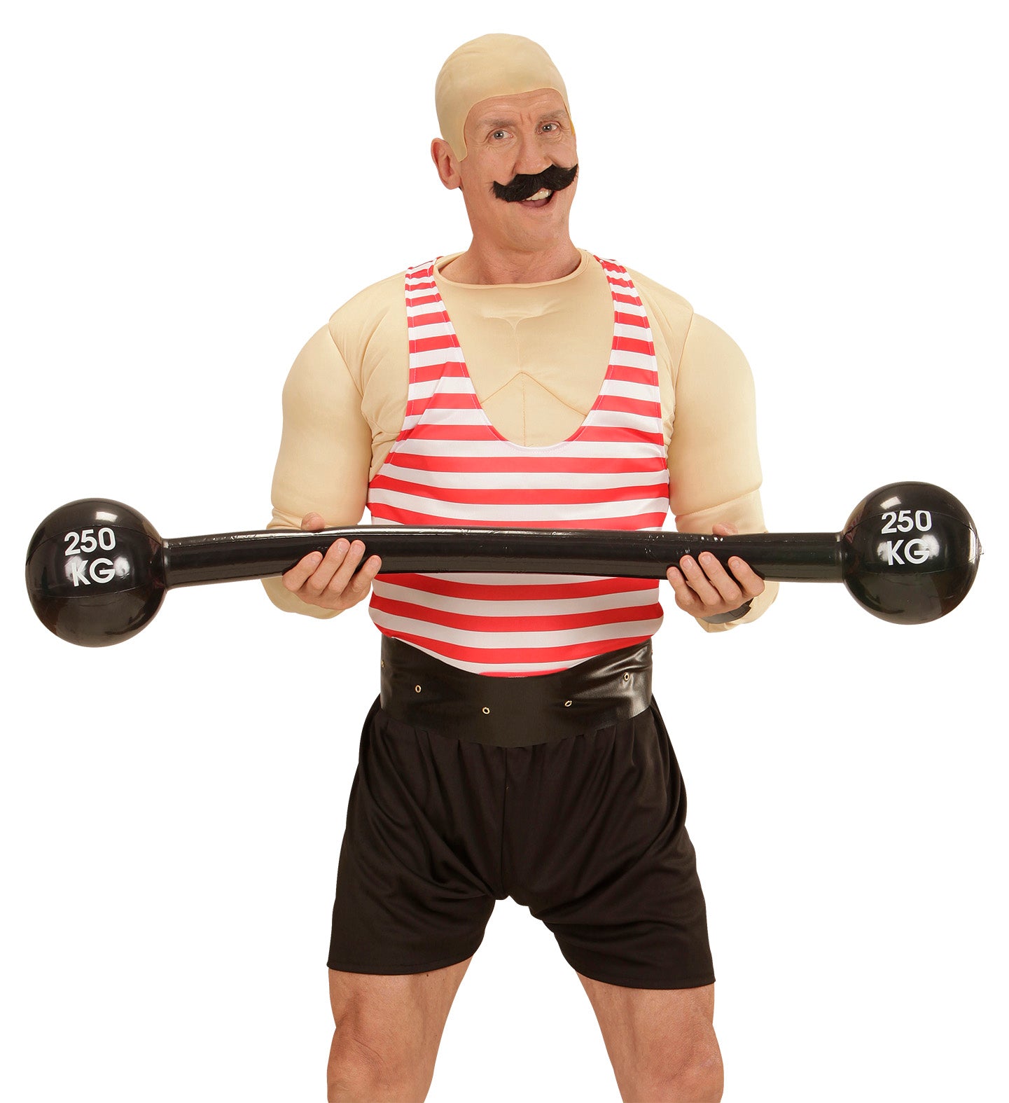A performer wearing a bald cap and mustache posing with a giant inflatable barbell at a circus-themed party.