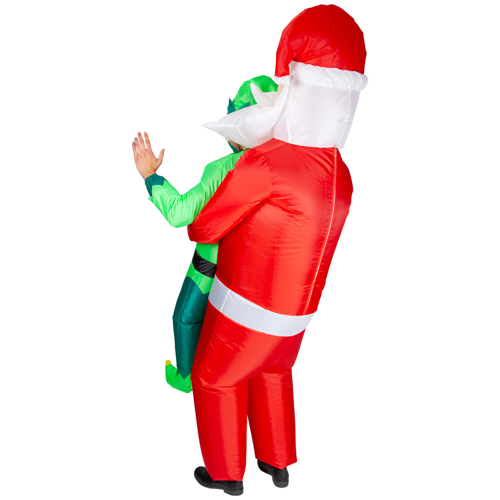 Side and back view of the inflatable Santa carrying elf costume.