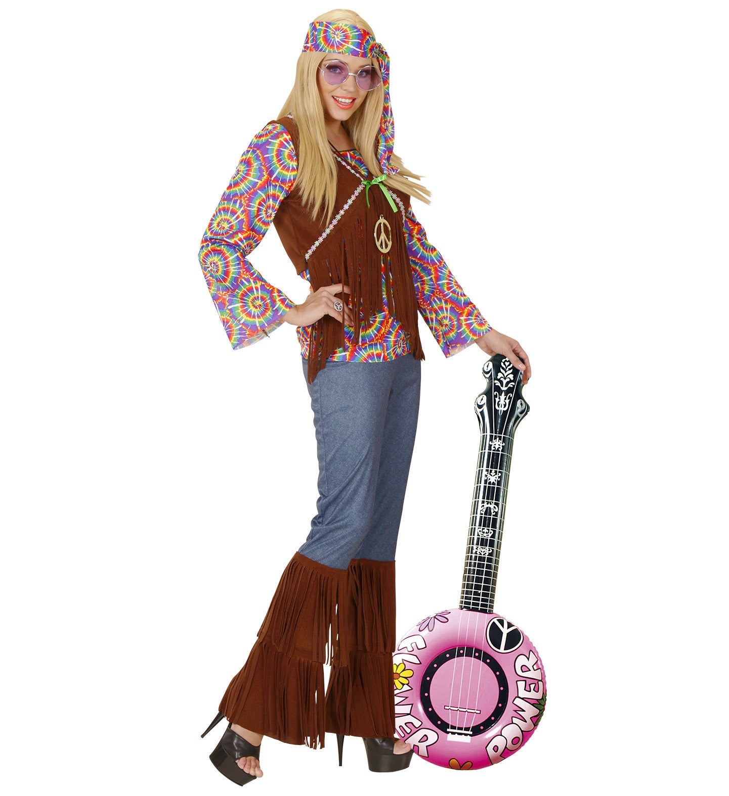 Woman in a fringed 70s vest and flared trousers posing with a 100cm inflatable pink banjo.