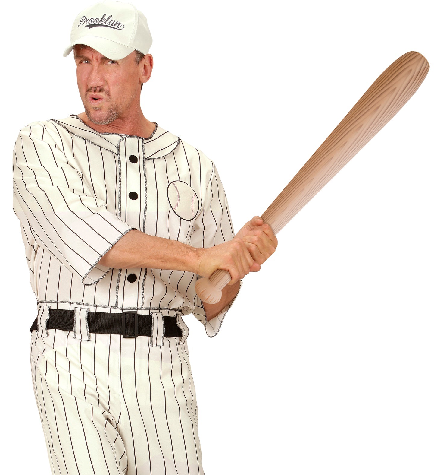 A man in a vintage baseball player costume holding the inflatable baseball bat in a swinging pose.