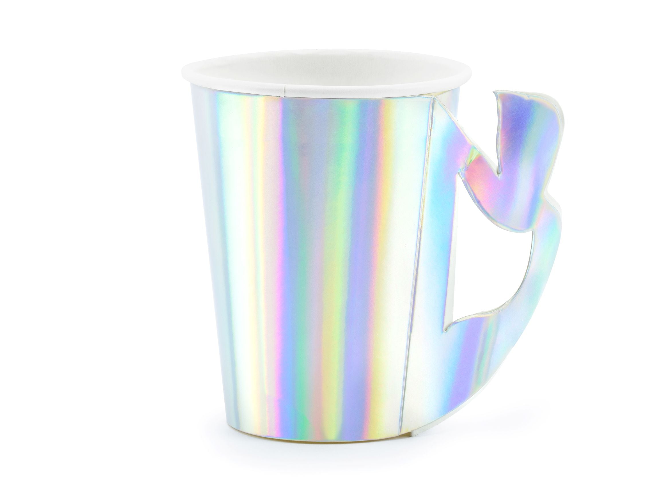 A single iridescent paper party cup with a shimmering, holographic finish and a die-cut mermaid tail-shaped handle, isolated on a white background.