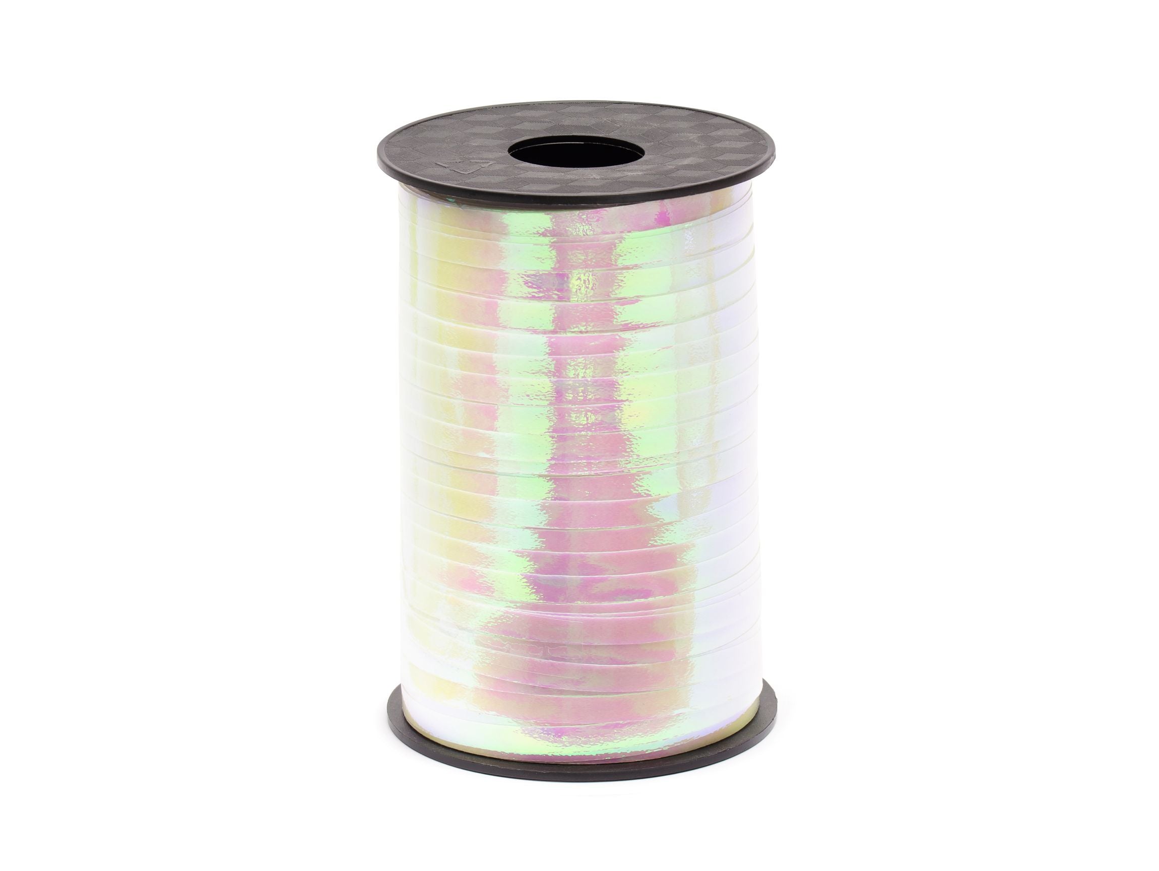 A spool of iridescent plastic balloon ribbon, showing a shimmering, multi-colored effect, isolated on a white background.
