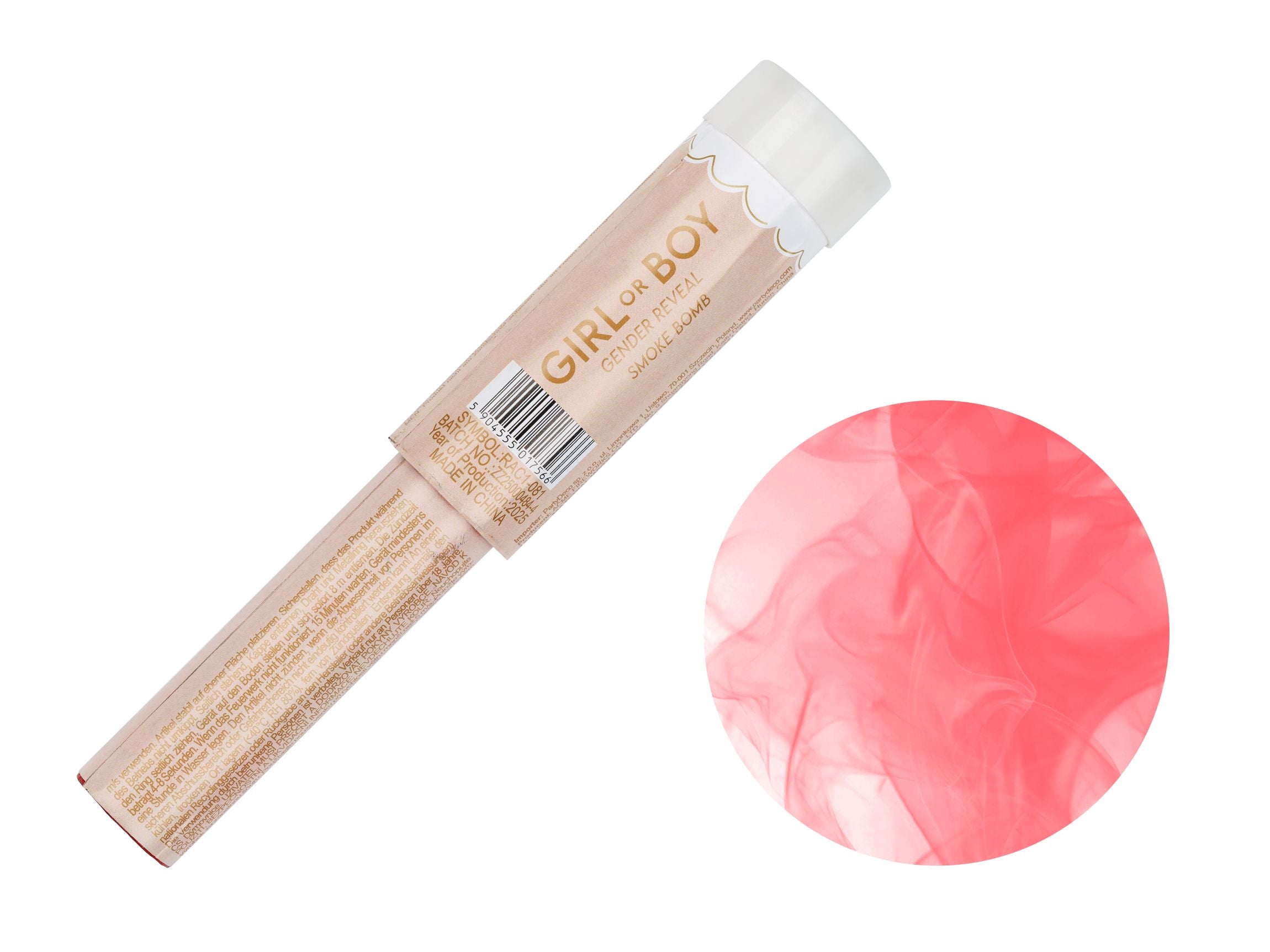 A pastel "Girl or Boy" gender reveal smoke bomb tube laying diagonally next to a circular graphic showing vibrant pink smoke.