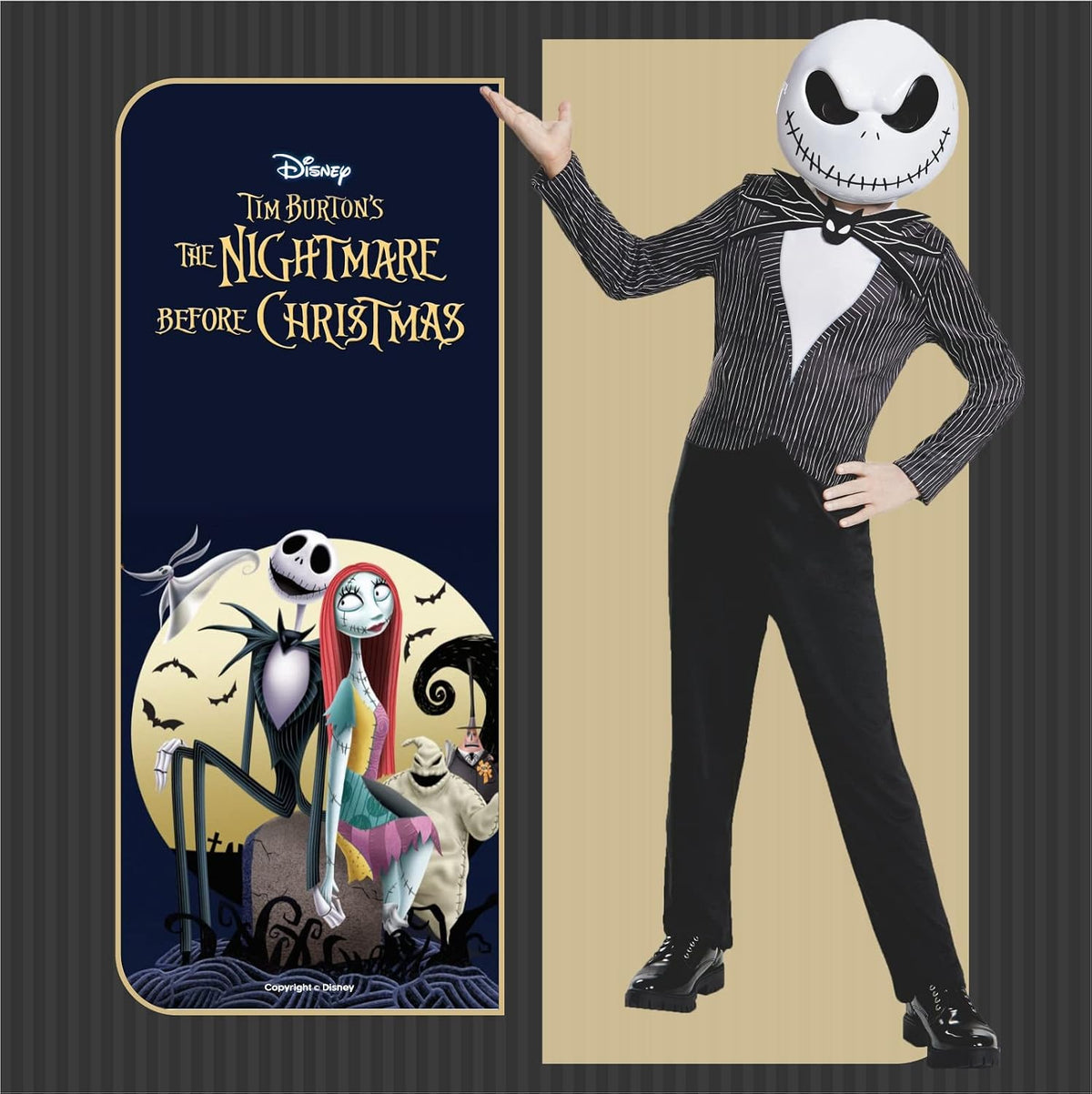 Full-length view of child wearing official Jack Skellington costume with plastic-moulded head mask, pinstriped jacket with white chest panel, black pants and bat bow tie