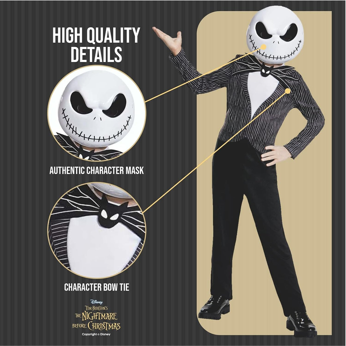 Product breakdown showing Jack Skellington costume includes character mask, bat bow tie and black-and-white all-in-one jumpsuit with pinstripe detail