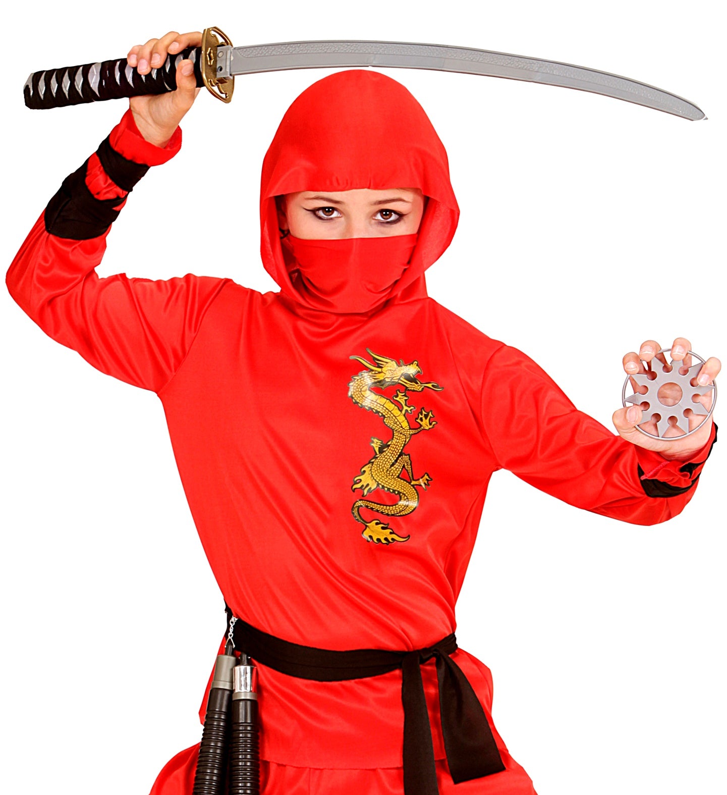 A girl in a red ninja costume holding the toy katana sword above her head and a toy throwing star in her other hand.