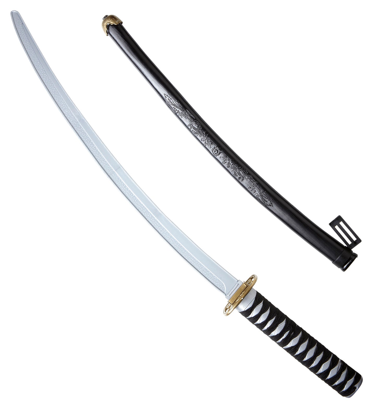 A plastic toy Japanese katana sword with a silver blade and wrapped handle, shown next to its ornate black sheath.