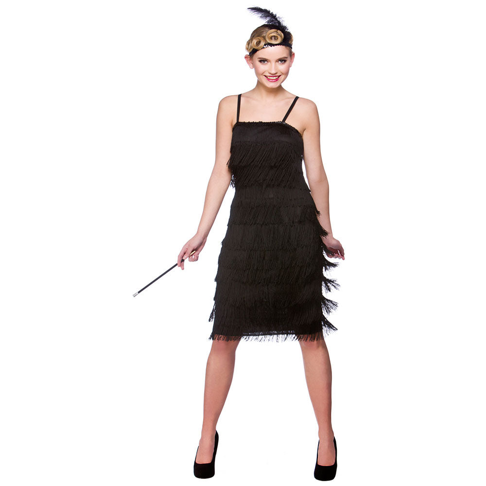 Woman modelling a black 1920s Jazzy Flapper costume with a tiered fringe dress and matching feather headband.
