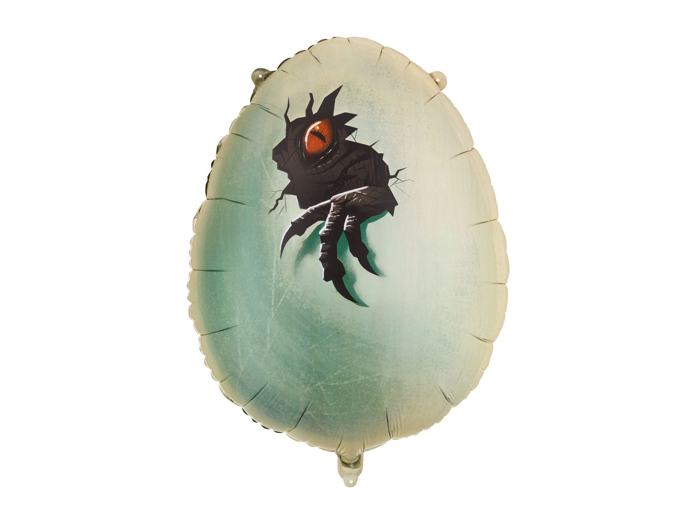 Close-up of a Jurassic World dinosaur egg foil balloon showing the cracked shell, orange glowing eye, and black dinosaur claw.