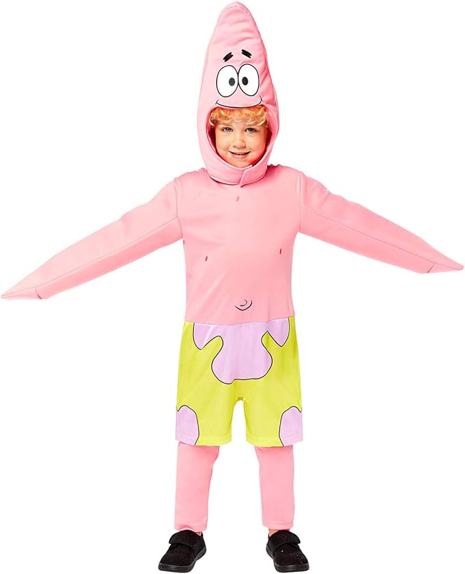 Child modelling the official Patrick Star character costume with a padded pink jumpsuit and green floral shorts.